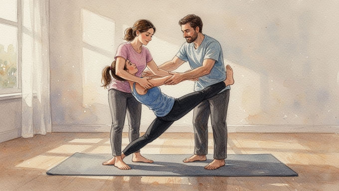A skilled therapist in comfortable clothing gently assists a client with a deep stretching pose on a clean floor mat. Soft, warm watercolor textures create a serene and therapeutic atmosphere.