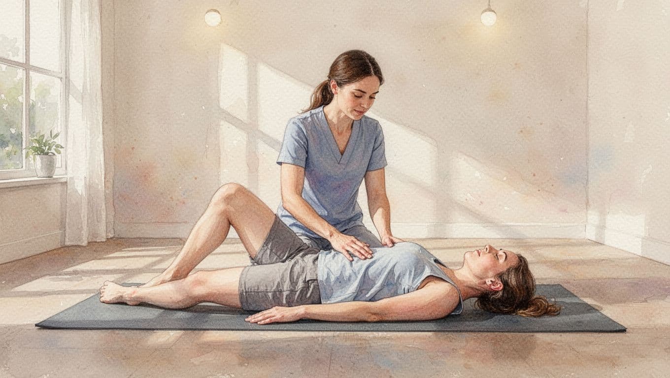 A therapist performs a gentle yoga-style stretch on a client resting on a floor mat.