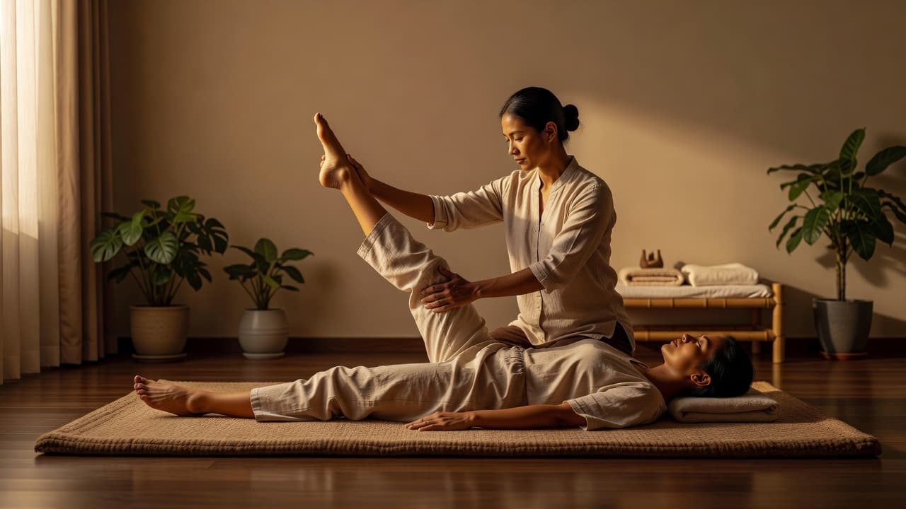 A professional therapist performs a guided stretch on a client lying upon a plush floor mat. Warm, soft lighting highlights the rhythmic movement within a serene and tranquil spa environment.