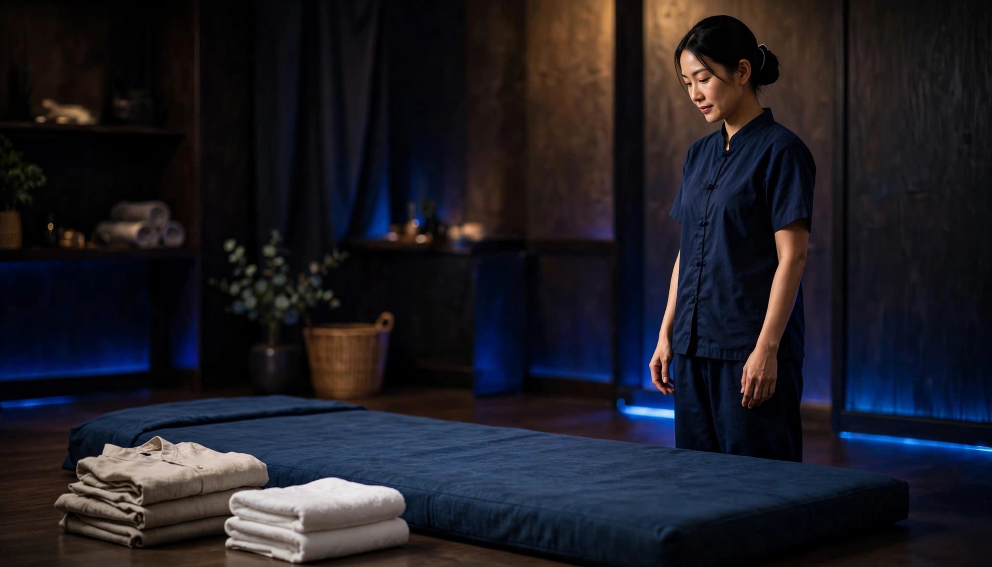 Thai Massage 8 Therapist preparing a clean mat beside folded clothing and fresh towels in a dim studio.