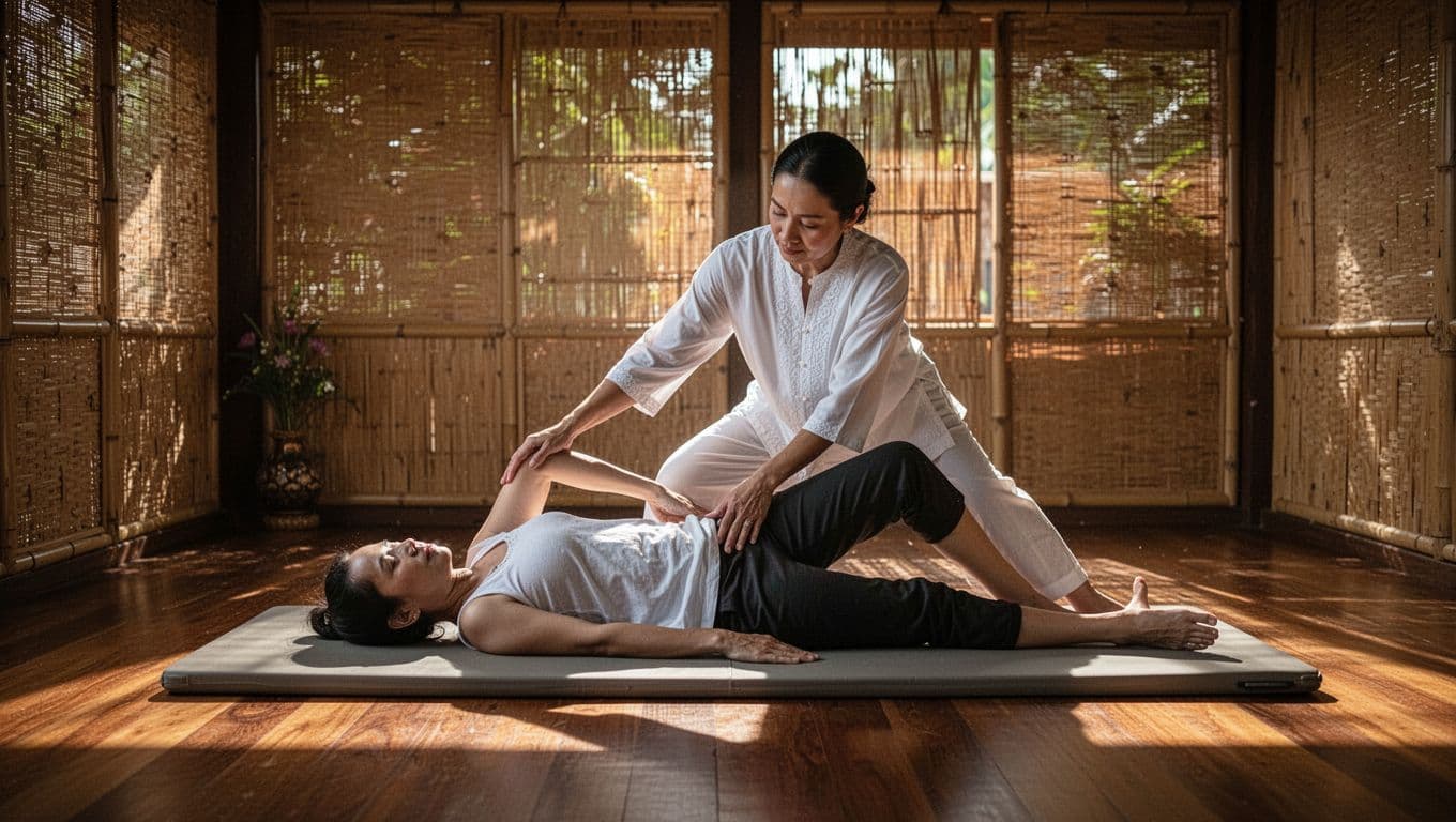 In a serene traditional Thai massage studio with soft natural light and bamboo screens, a therapist in loose white uniform guides one clothed client on a padded mat through a gentle yoga-inspired leg-rocking pose for hip opening, captured in strong contrast cinematic style with dramatic side lighting.