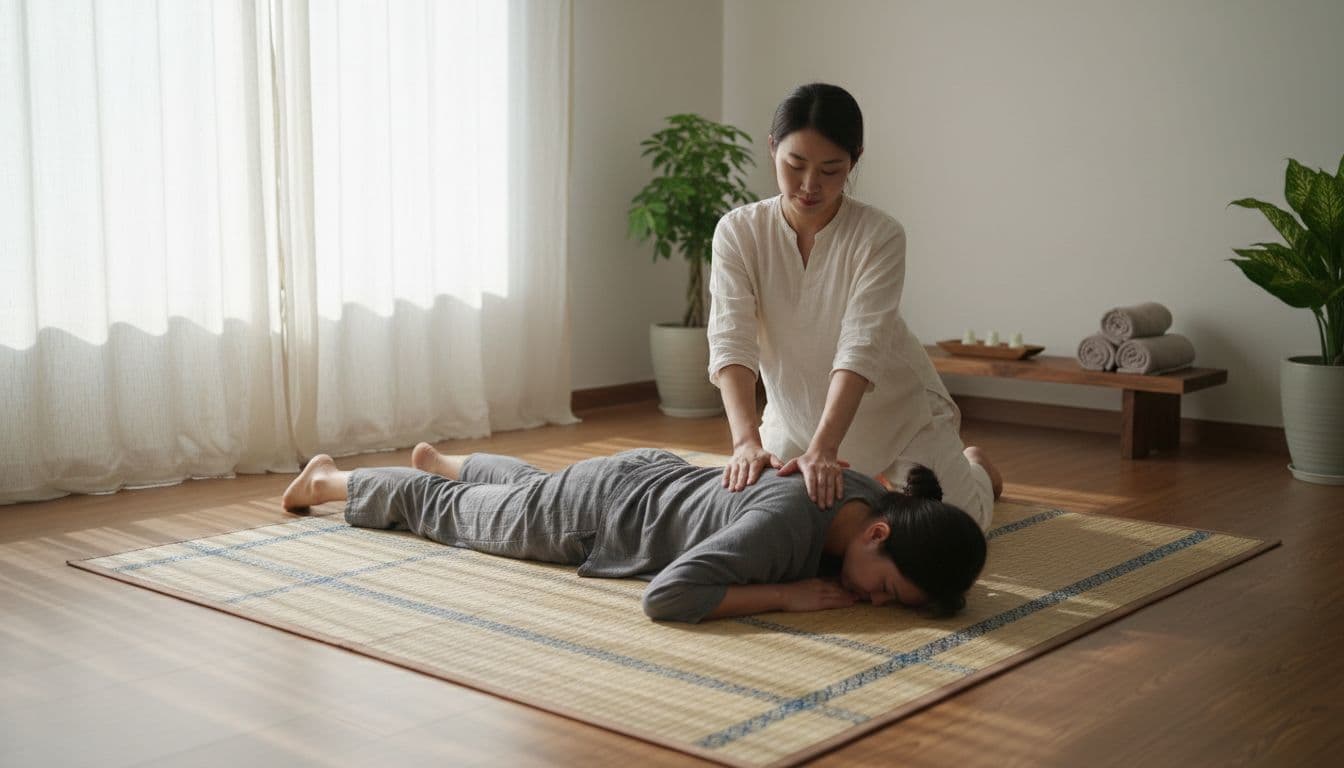A single therapist assists one fully clothed client in a gentle stretch during a Thai massage on a floor mat in a serene spa room with natural soft daylight and calm atmosphere.