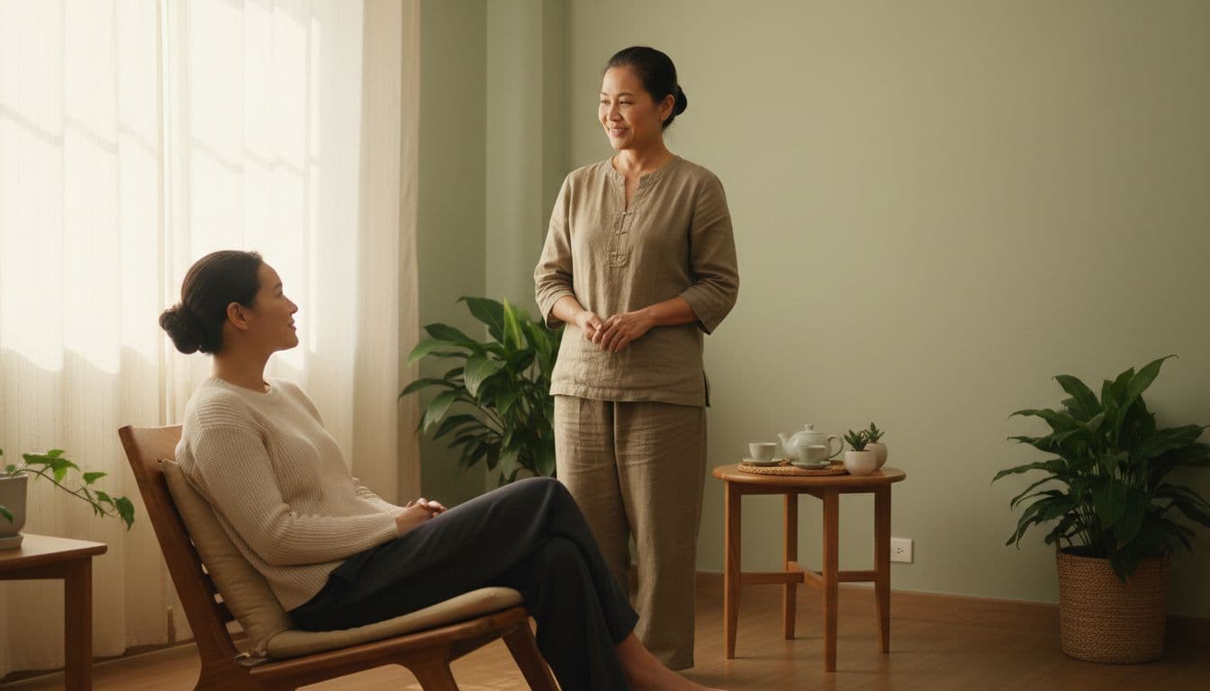A professional middle-aged Thai massage therapist stands in a serene spa room with soft natural light, consulting with a fully clothed relaxed adult client seated nearby, maintaining eye contact in natural conversation amid simple wooden decor and calming atmosphere.