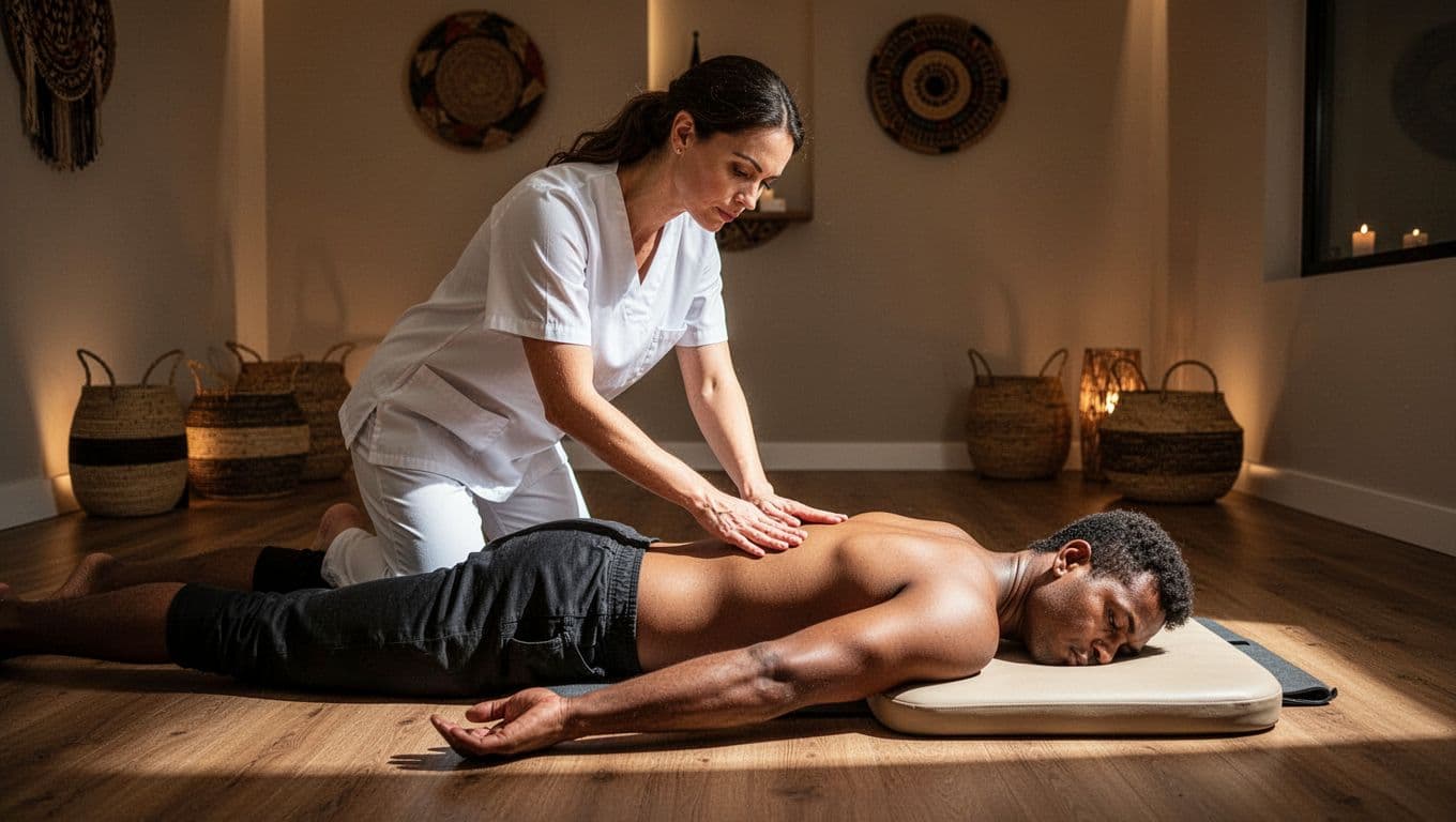 A professional female therapist kneels to apply deep thumb presses along sen lines on the back of a fully clothed male client in a modern Nairobi spa with Kenyan decor.
