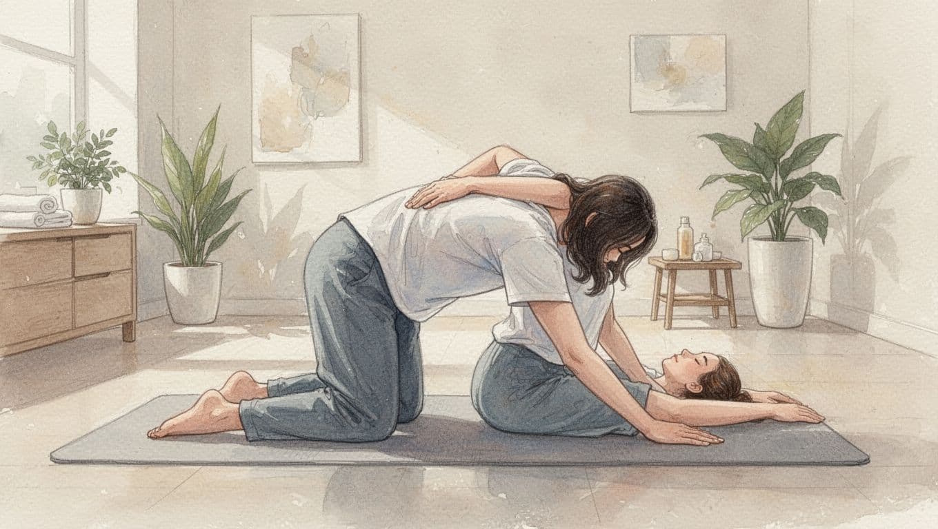 A practitioner in comfortable attire guides a client through a soothing back stretch on a soft floor mat. The bright spa room features warm neutral tones and artistic watercolor brush textures.