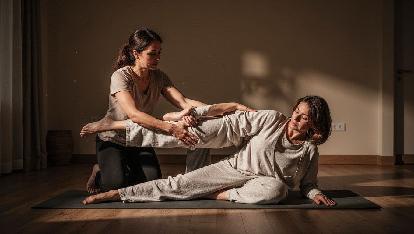 A professional therapist guides a client through assisted stretching on a padded floor mat within a dimly lit room. Warm light highlights the careful positioning and relaxed posture during treatment.