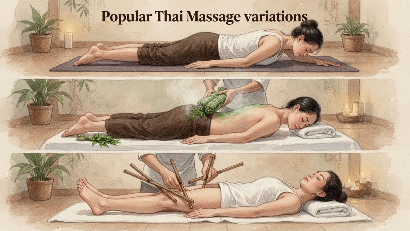 Watercolor collage of popular Thai massage variations: traditional acupressure stretch on mat, herbal compress steam on back, foot massage with sticks on legs, in serene spa scenes with one therapist and one client each, soft blending, warm earth tones.