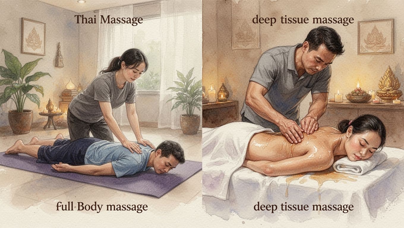 Side-by-side watercolor illustration: left shows Thai massage with full-body compression and stretch on a mat for a clothed client; right depicts deep tissue massage targeting a back knot with thumbs on an oiled, draped client on a table. Serene spa setting in warm earth tones with soft blending and brush textures.