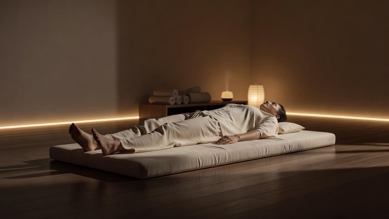 A person wearing loose cotton clothing rests on a thick padded floor mat within a tranquil, dim room. Soft ambient light highlights the peaceful atmosphere of this quiet wellness space.