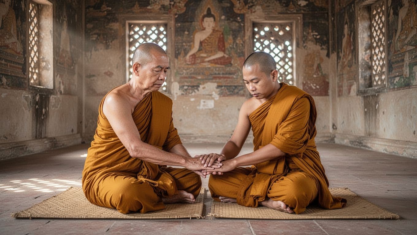In a serene ancient Thai Buddhist temple hall bathed in soft morning light, a senior monk gently guides a younger monk's hands in a traditional acupressure technique for Thai massage on woven mats amid faded murals.