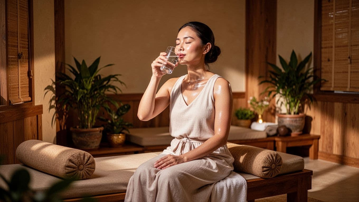 In a cozy Thai spa lounge with warm lighting and wooden accents, a single relaxed clothed client sits on a cushioned bench sipping water, skin glowing with post-session vitality and eyes closed in contentment.