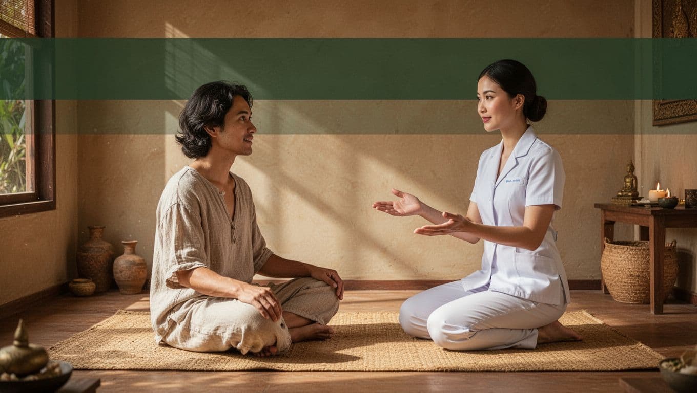 Serene Thai spa room with one client in loose clothes sitting and speaking with one skilled female therapist gesturing welcomingly, focused on relaxed communication, realistic earthy tones with top dark-green band headline 'Skilled Prep'.