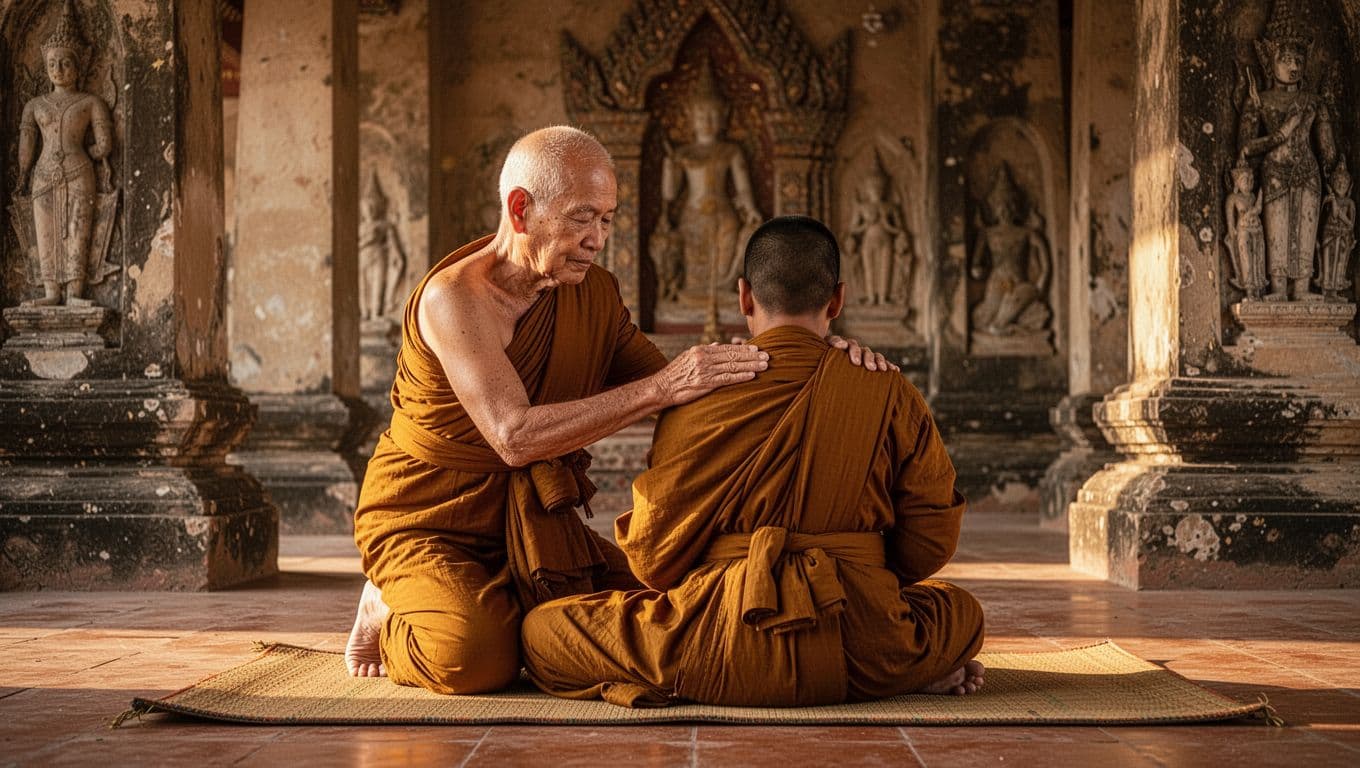 In an ancient Thai temple illuminated by warm golden hour light, a senior monk in simple earth-toned robes gently applies palm presses to a student's back on a low mat, surrounded by stone pillars and intricate carvings.