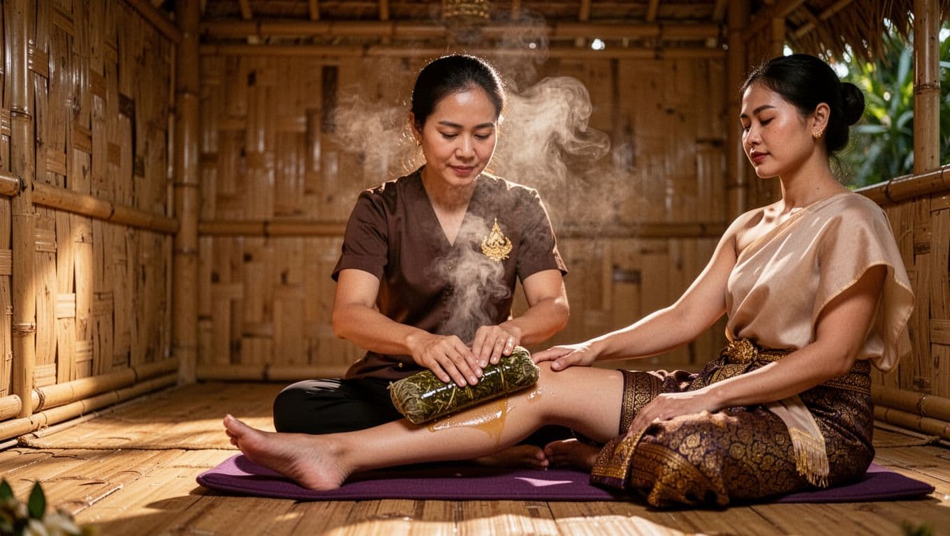 Thai therapist applying hot herbal oil compress to client's leg in a traditional bamboo hut with steam and warm lighting, photorealistic style.
