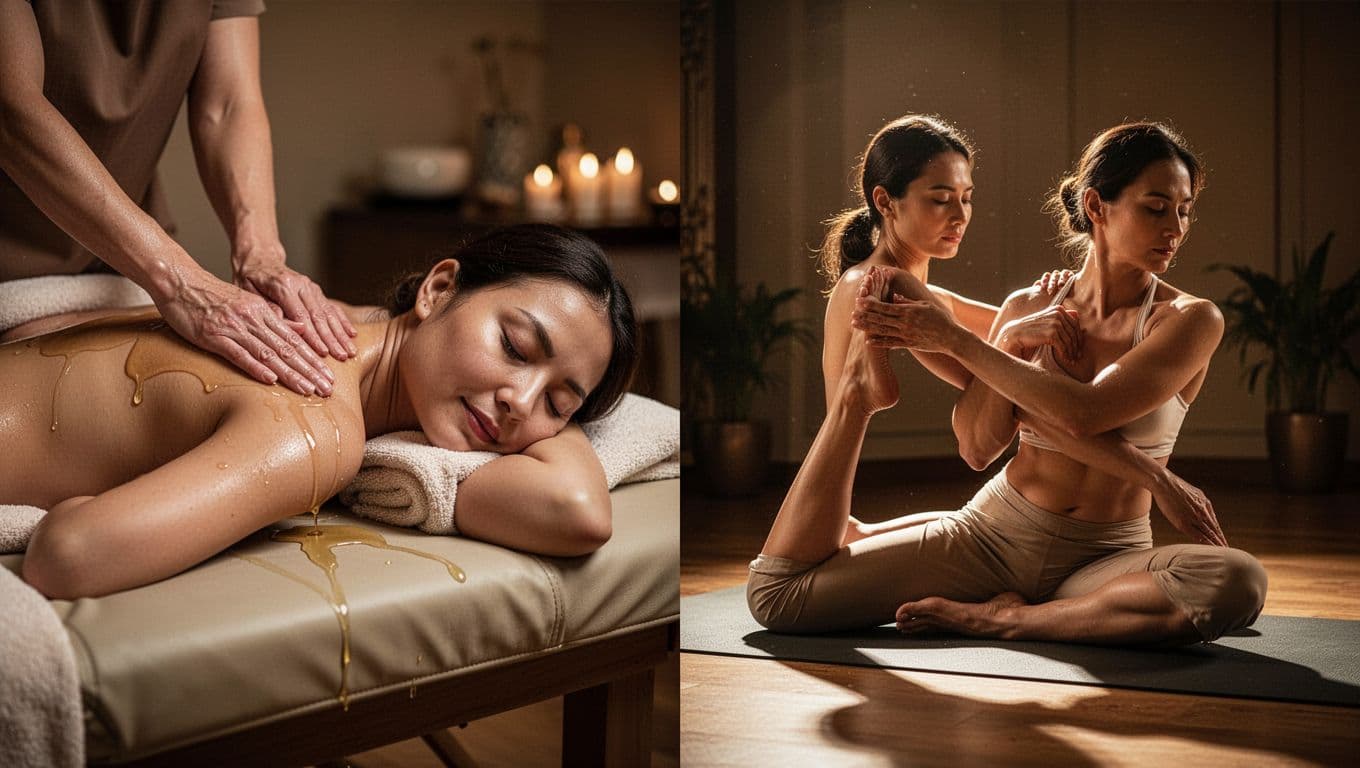 A split-screen composition shows a person receiving a relaxing oil massage on a professional table alongside a participant on a floor mat engaging in active, assisted stretches for Thai massage.