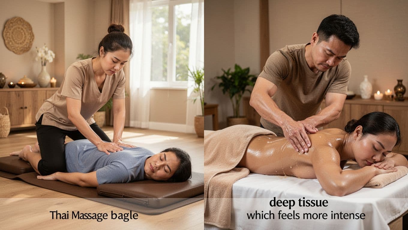 Split-view landscape image showing Thai massage therapist using palms and knees on a clothed supine client on the left, and deep tissue therapist applying firm elbow strokes to an oiled prone client's back on the right, both in serene spa settings.