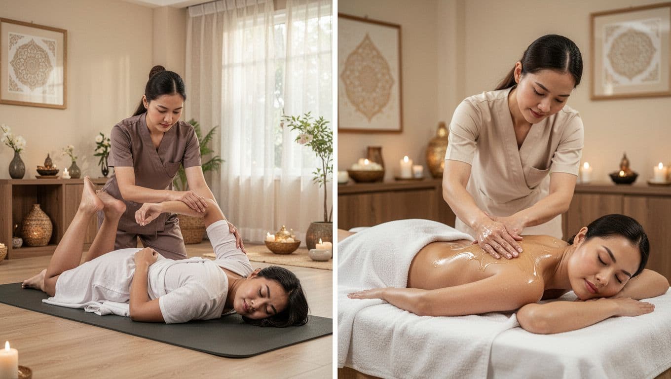 Split-view landscape image showing a Thai massage therapist guiding a clothed client through gentle stretches on a mat (left) and a Swedish massage therapist applying gliding oil strokes to a draped client on a table (right), both in serene spa rooms with soft natural lighting.