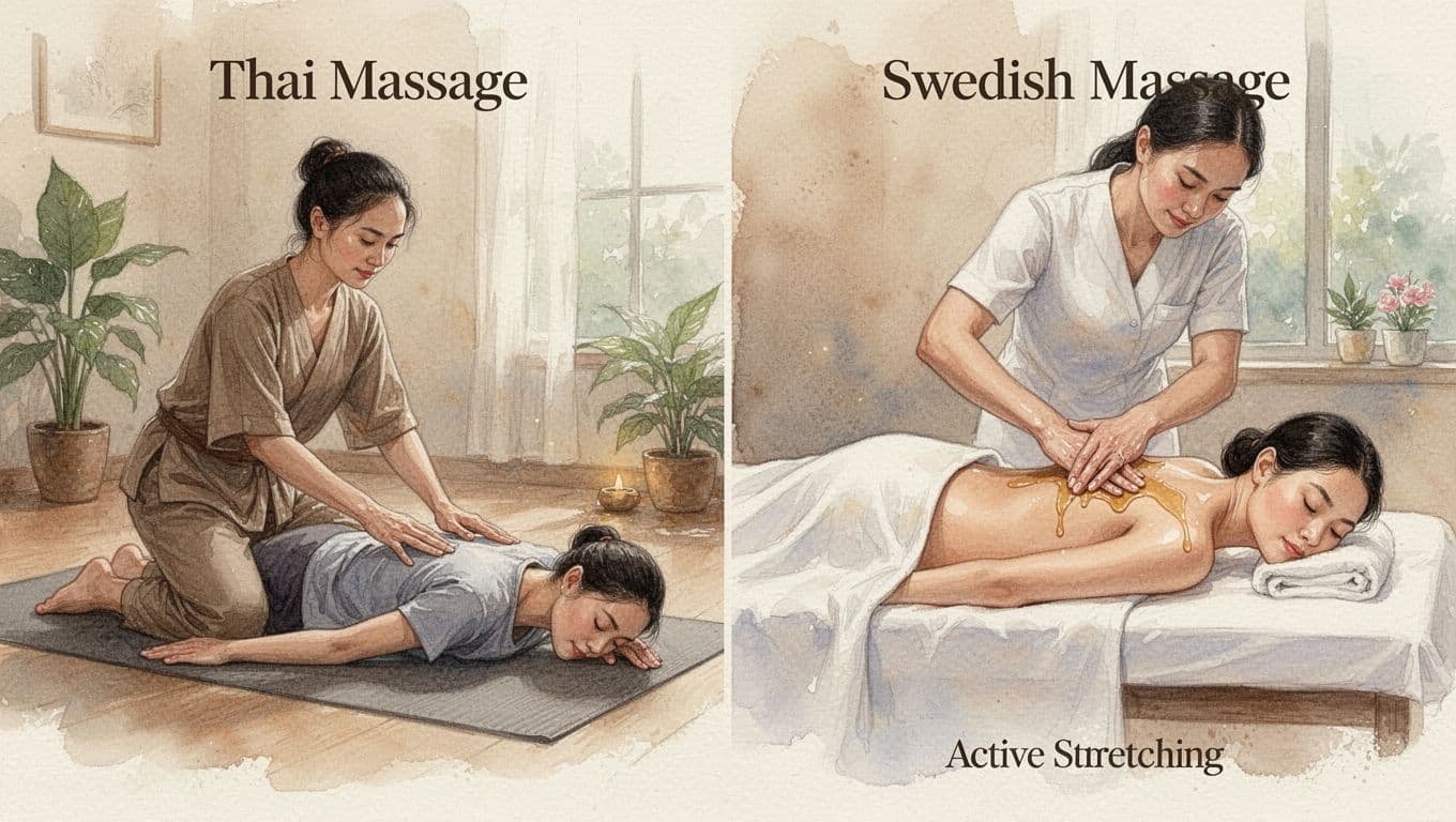 Side-by-side watercolor scenes in a serene spa: left, Thai therapist assists clothed client in floor stretch; right, Swedish therapist applies oil to draped client's back on table. Warm earth tones, soft brush textures, natural lighting, exactly two people per scene.