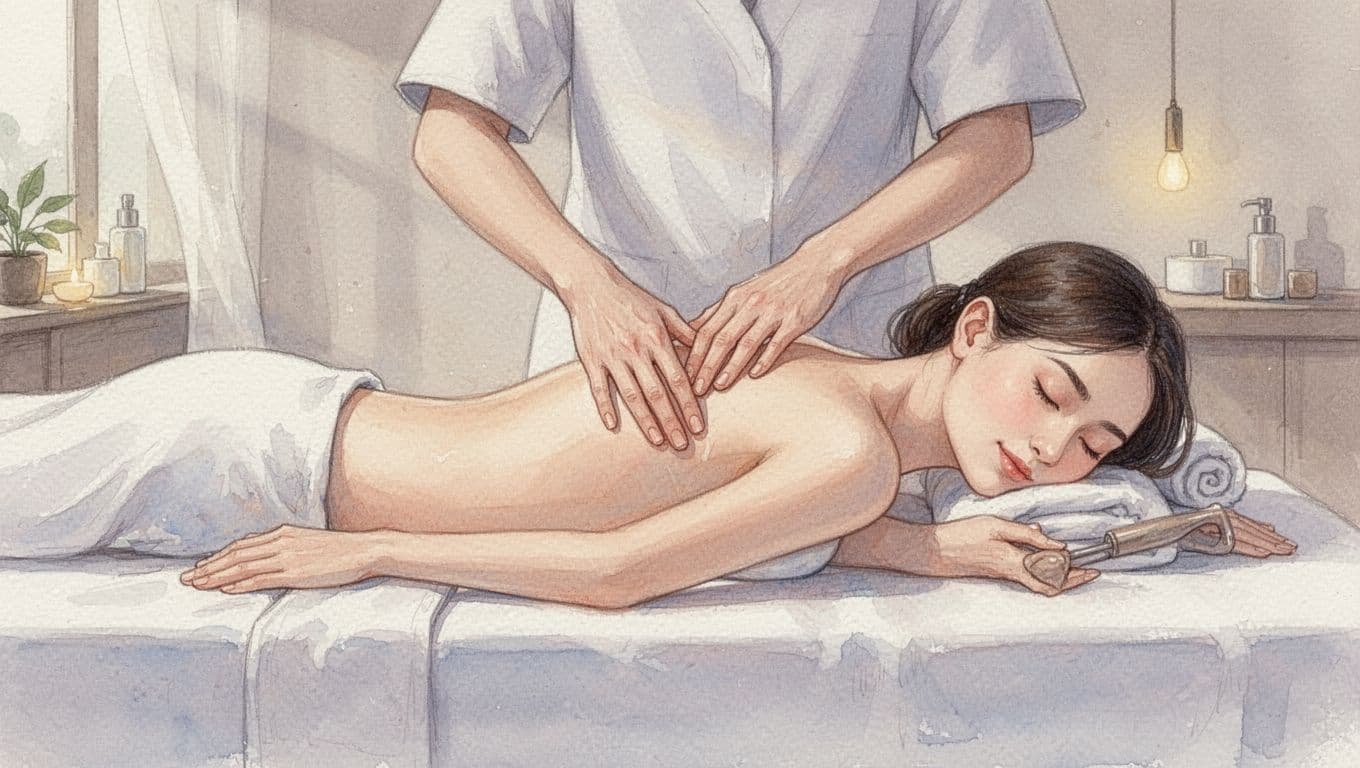 A watercolor painting depicts a relaxed individual resting on a massage table while receiving back treatment in a dim, peaceful spa room. Soft pastel strokes emphasize the gentle touch and muscle relief.