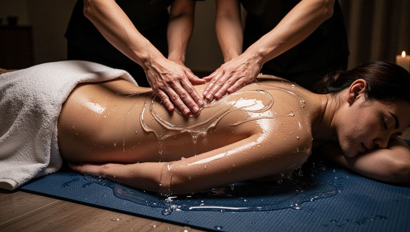 In a dimly lit spa room with a waterproof mat, a therapist's hands gently spread clear glistening nuru gel over a prone client's covered lower back, emphasizing smooth slick texture and fluid motion. Cinematic style with strong contrast, depth, and dramatic lighting, no faces visible.