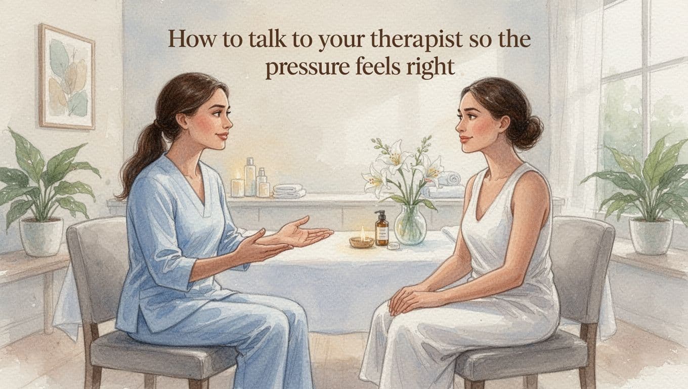 Therapist and client sitting face-to-face in a serene spa consultation room, discussing deep tissue massage details with relaxed expressions and soft natural light, rendered in watercolor style with soft blending and visible brush texture.