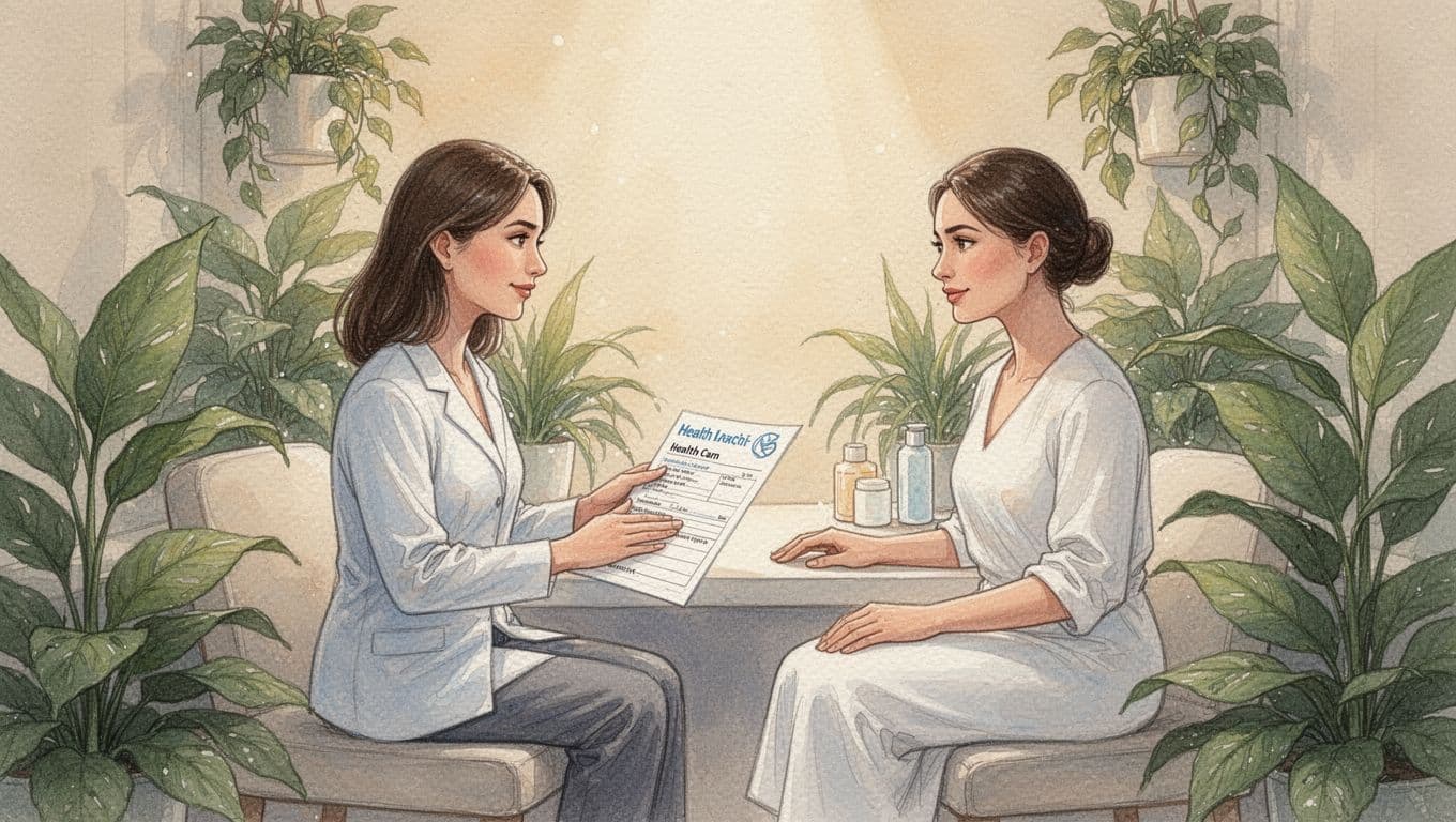 Massages in Langata: A Clear Guide from Fortune Massage & Spa 13 Side view of therapist and client seated face-to-face in cozy spa area with plants and warm lighting, discussing health form in watercolor style.