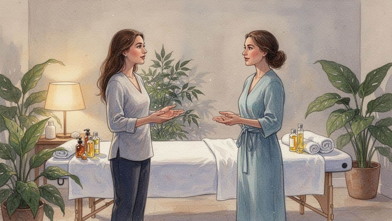 A therapist and client stand calmly talking in a cozy spa room prior to a massage session, featuring a draped massage table, towels, oils, plants, and warm lamp lighting in watercolor style with soft blending.