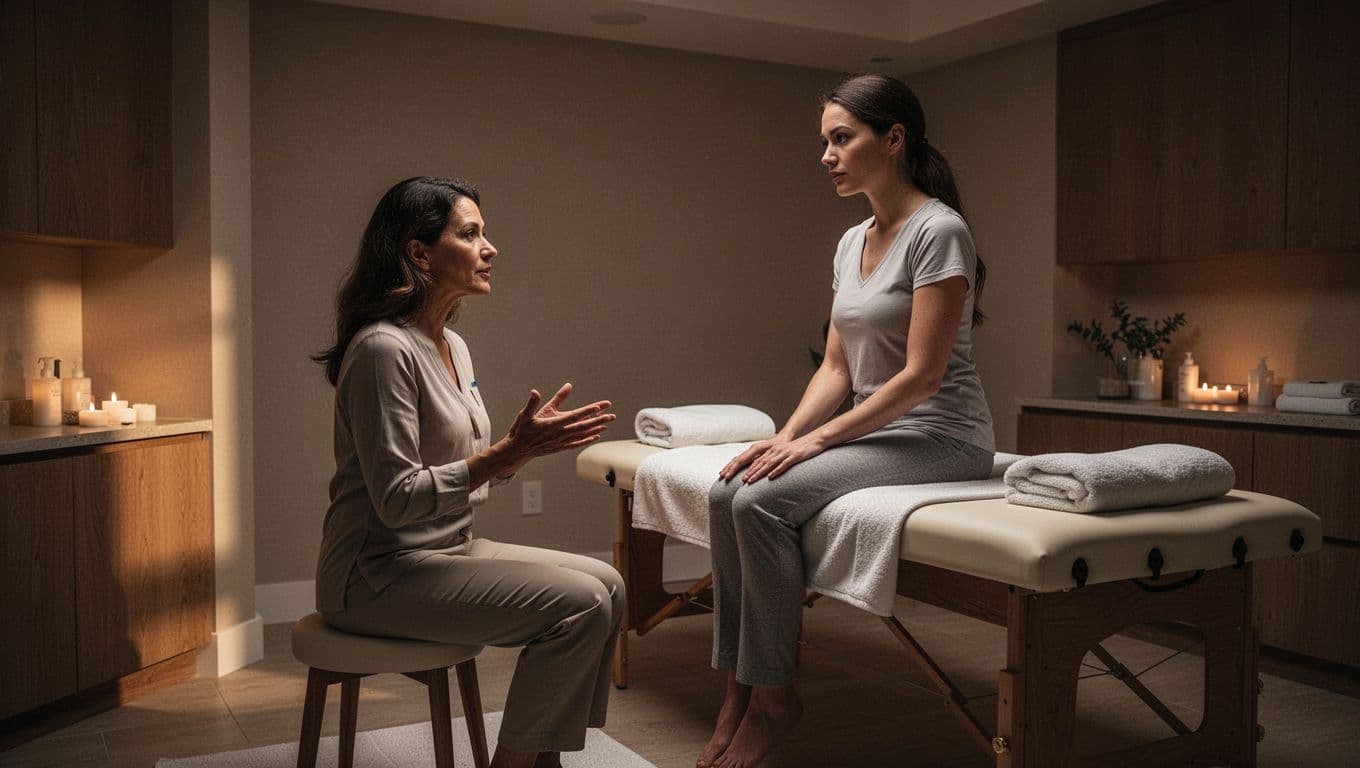 A licensed massage therapist sits on a stool, speaking with a client perched on a massage table. The tranquil room features ambient lighting, neutral colors, and soft textures for comfort.