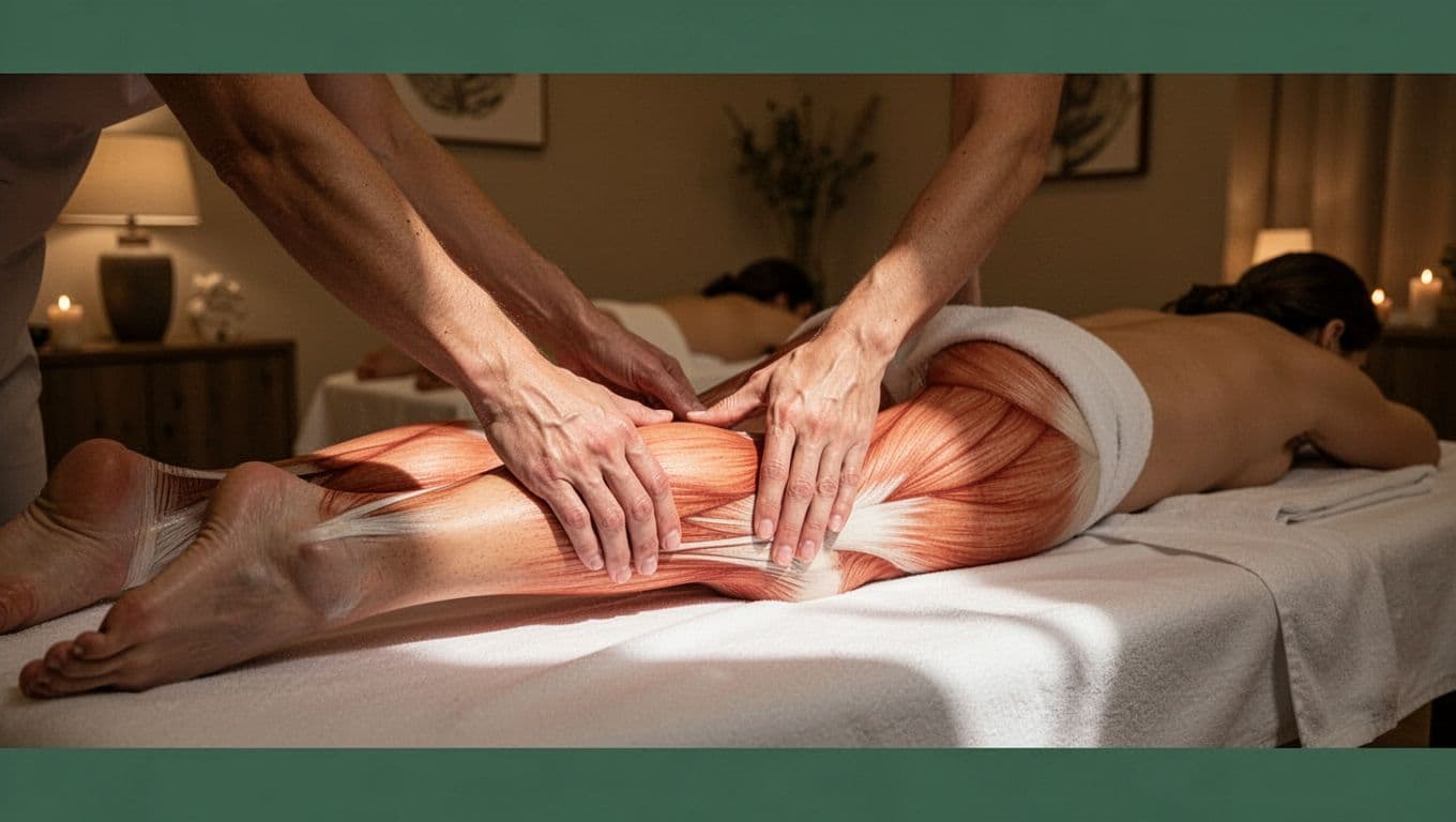 Therapist applies firm pressure to a client's calves and lower legs during a deep tissue massage session in a serene spa room with warm lighting.