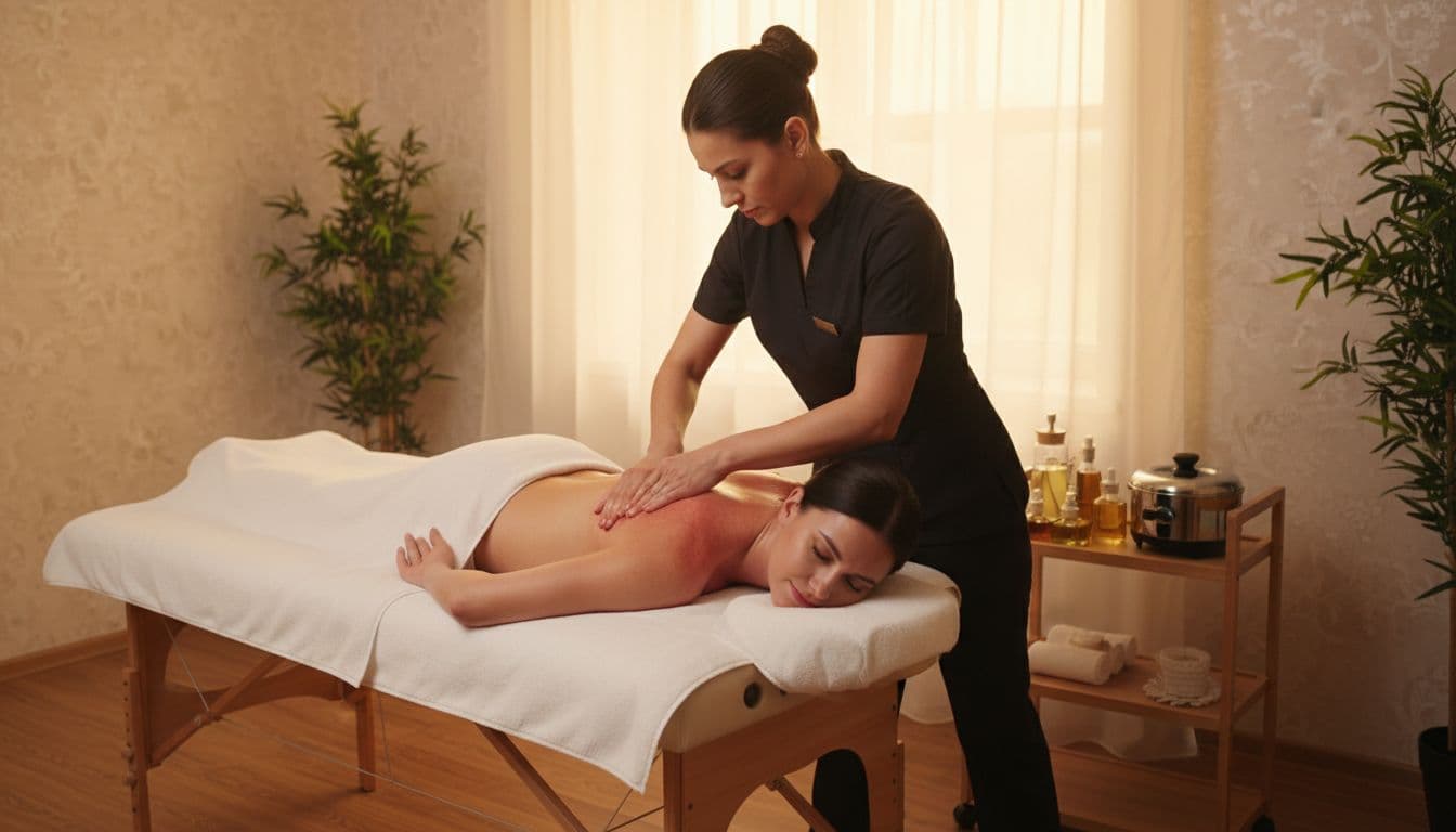 Professional therapist applies firm pressure to tight shoulder and back muscles on a face-down client in a spa room, targeting trigger points with warm lighting and clean setup.
