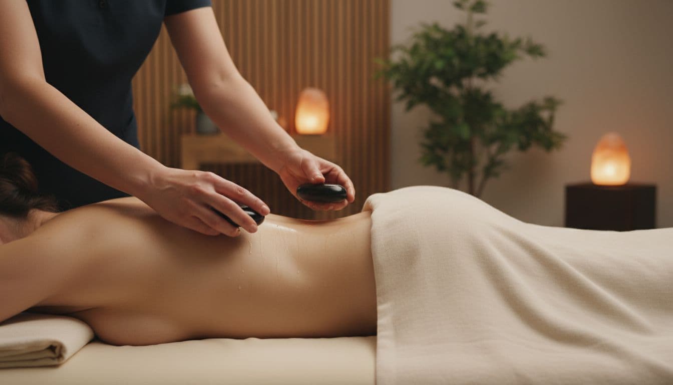Experienced massage therapist glides smooth oiled black basalt hot stones along a client's lower back and glutes with long smooth strokes in a calm spa.