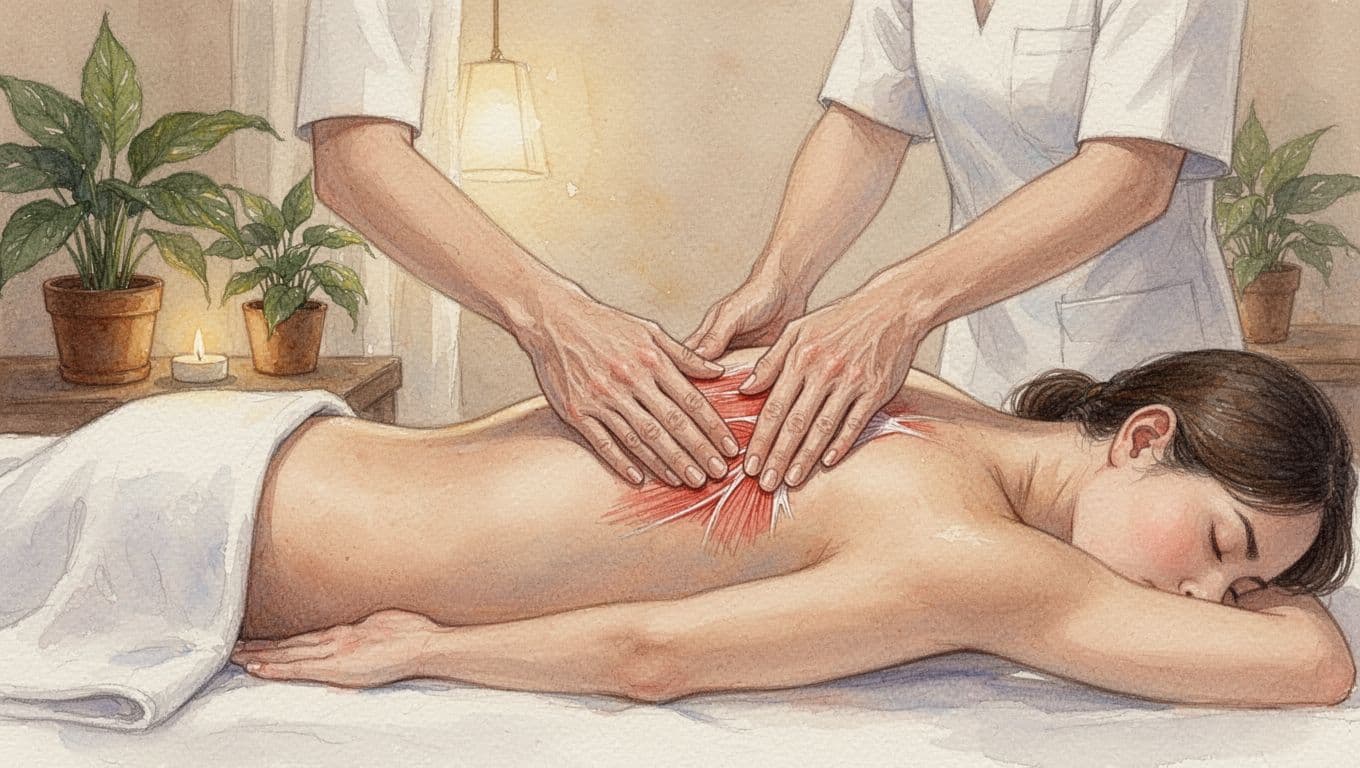 Therapist's hands apply rhythmic pressure and gentle strokes to loosen tight back and shoulder muscles on a person lying face down on a massage table in a tranquil spa room with warm lighting and plants, in watercolor style.
