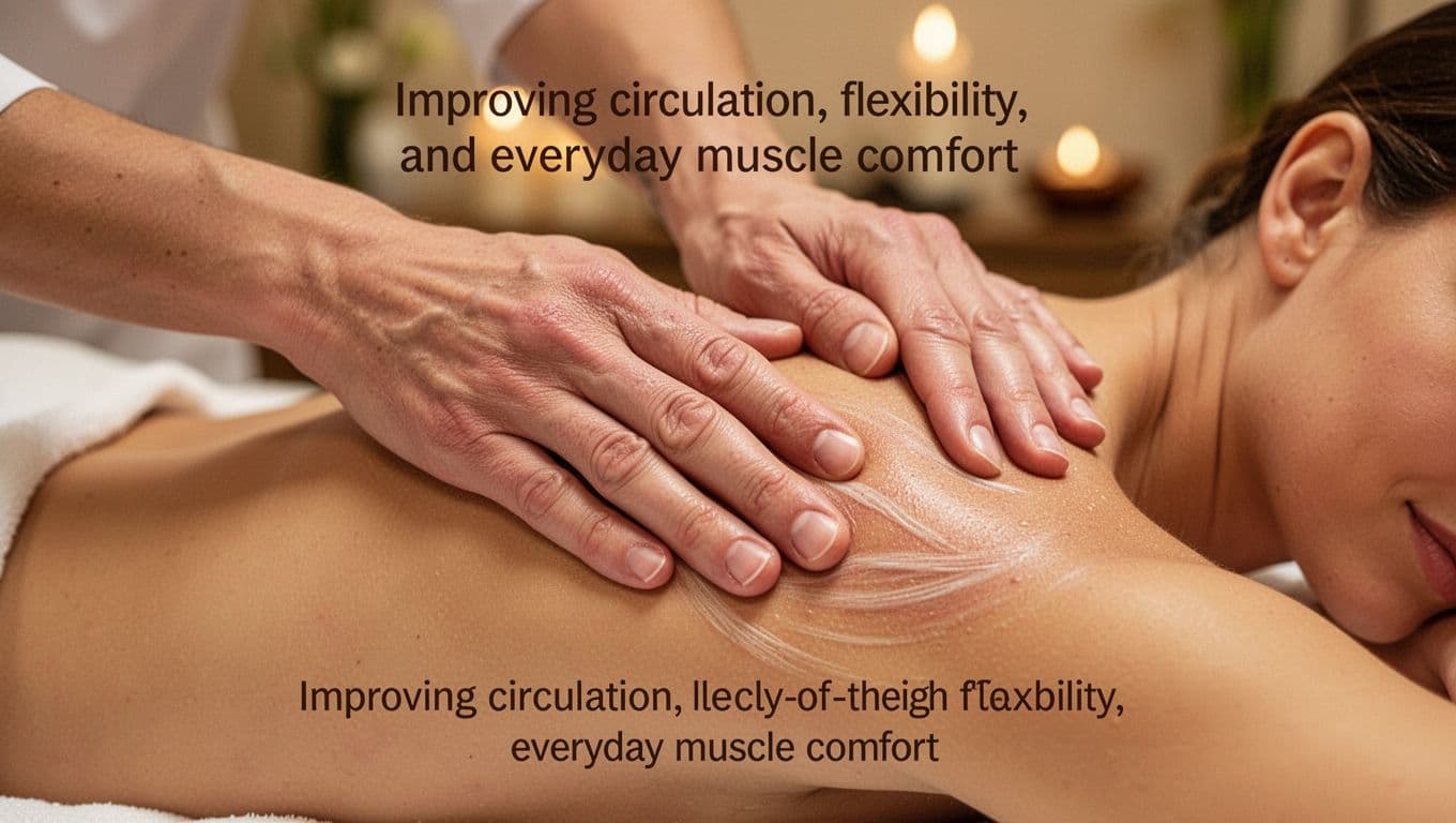 Swedish Massage 4 Close-up of a therapist's hands applying smooth kneading strokes to a client's shoulder and upper back muscles in a spa setting. Muscles appear loosening under gentle pressure with warm lighting and serene blurred background.