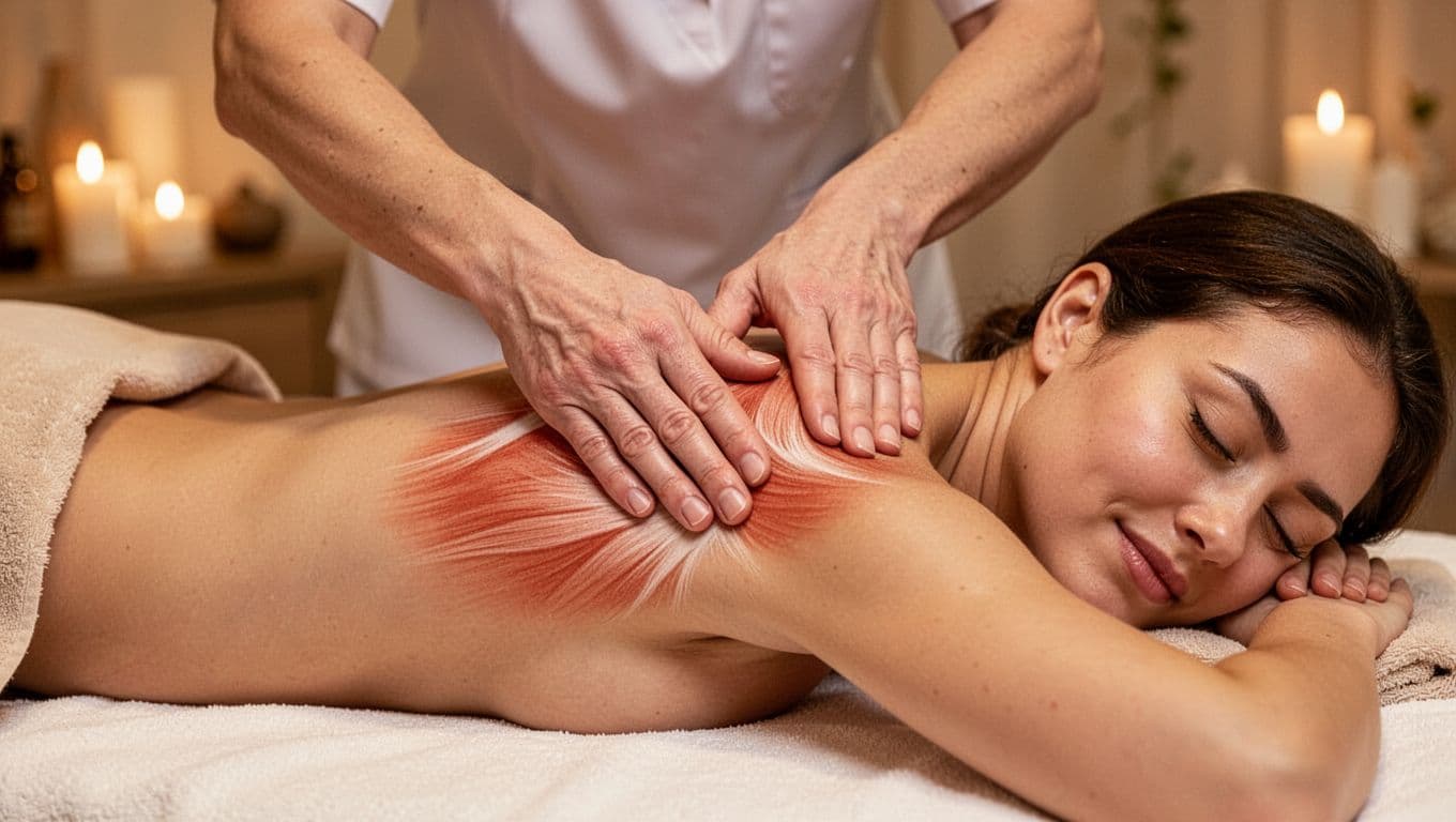 Massage 2 Therapist's hands gently kneading tense shoulder muscles on a relaxed client lying face down on a massage table in a softly lit spa room, focusing on muscle loosening and calm.