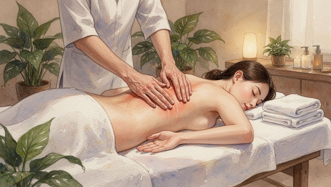 Therapist hands gently massaging the lower back and legs of a relaxed client lying face down on a massage table in a cozy spa room with warm lighting and plants, in watercolor style.