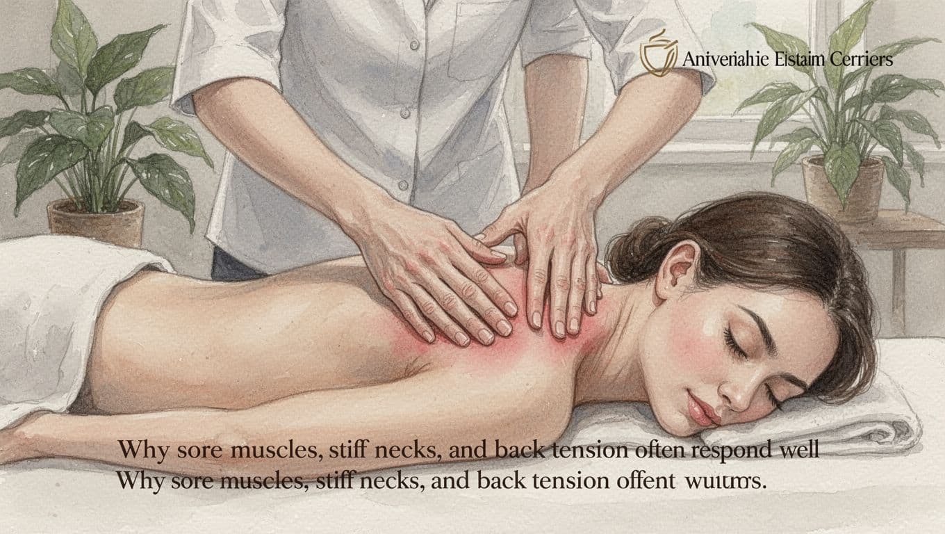 Therapist's hands knead tight neck and shoulder muscles of a relaxed client face down on a table in a calm treatment room with plants, focusing on specific tension spots. Watercolor style features soft blending, visible brush texture, and neutral earth tones.