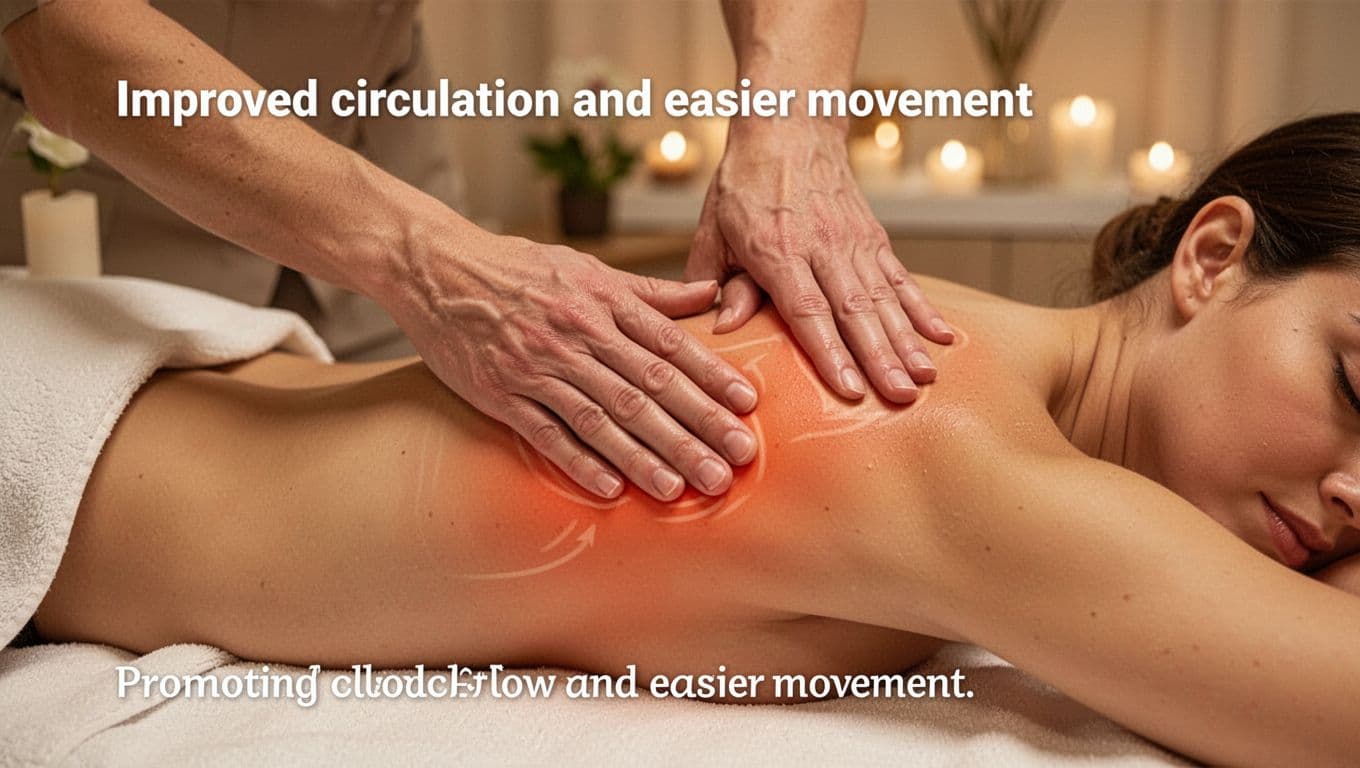 Benefits Of Massage 5 Therapist's hands massaging a client's shoulder and upper back muscles on a massage table in a serene spa room, with soft warm lighting highlighting relaxed tissues and a subtle glow suggesting improved circulation and warmth.