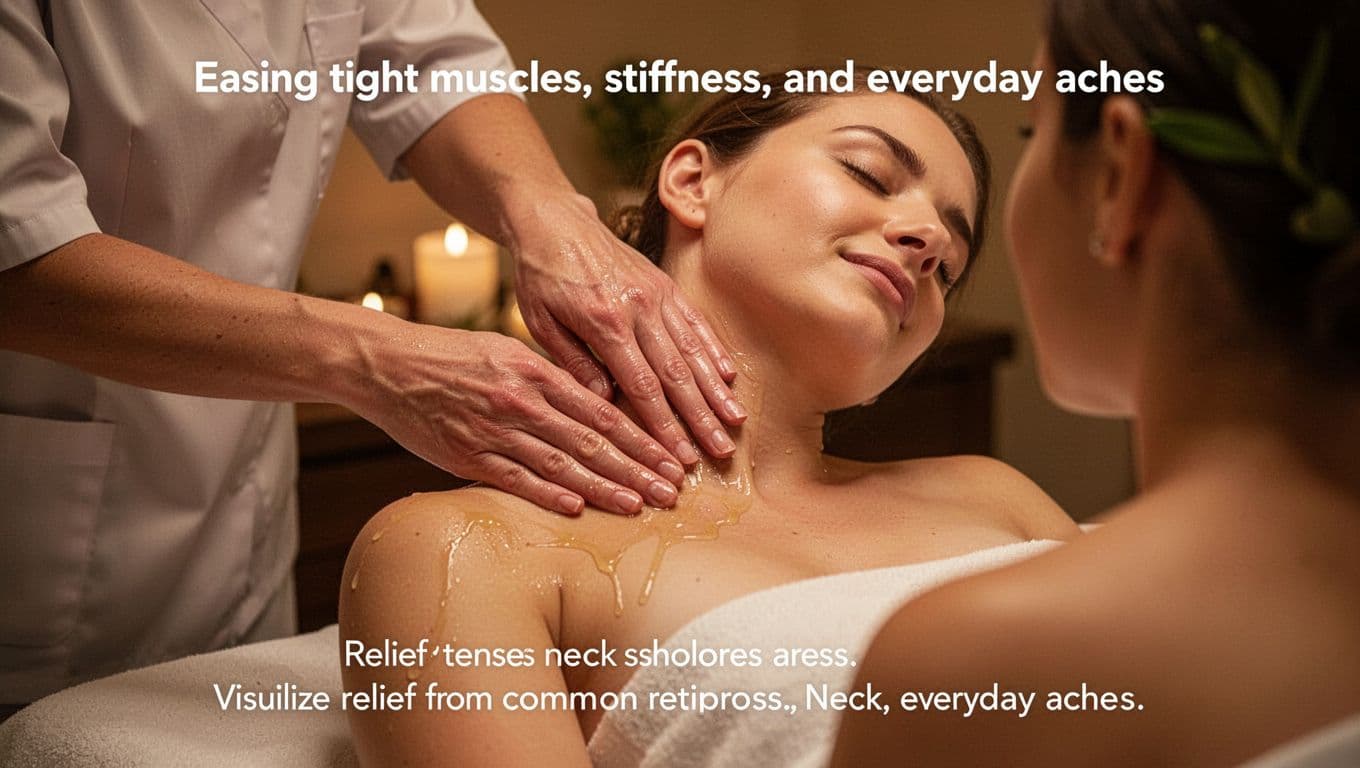 Hot Oil Massage 4 Therapist's hands apply warm oil to a client's tense neck and shoulders in a dimly lit spa room, with the client appearing relaxed and eyes closed, emphasizing muscle relief in a serene atmosphere.