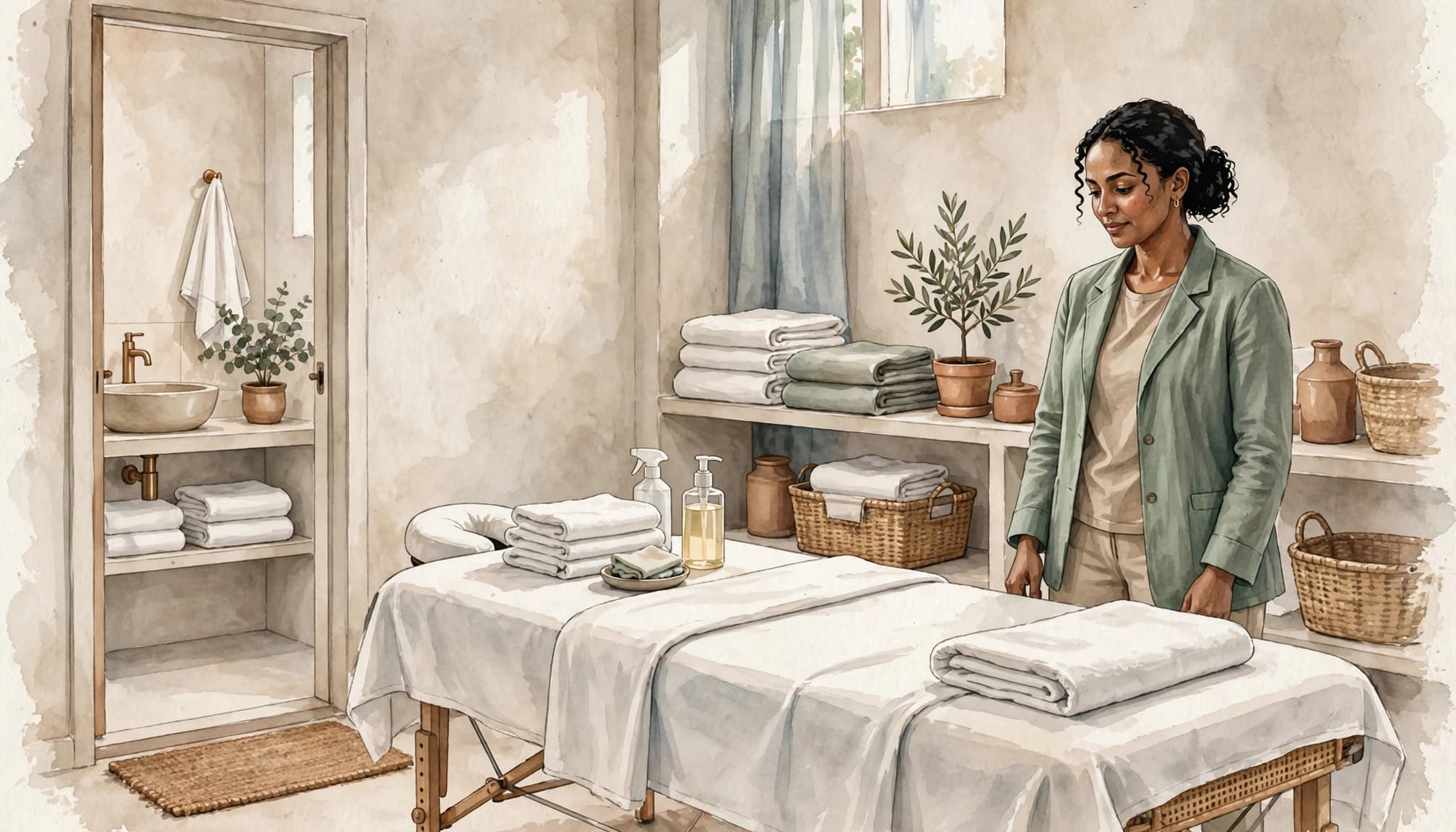 Erotic Massage Parlours in Nairobi: A Safe Booking Guide A therapist checks a clean massage room with fresh linens and a tidy bathroom.