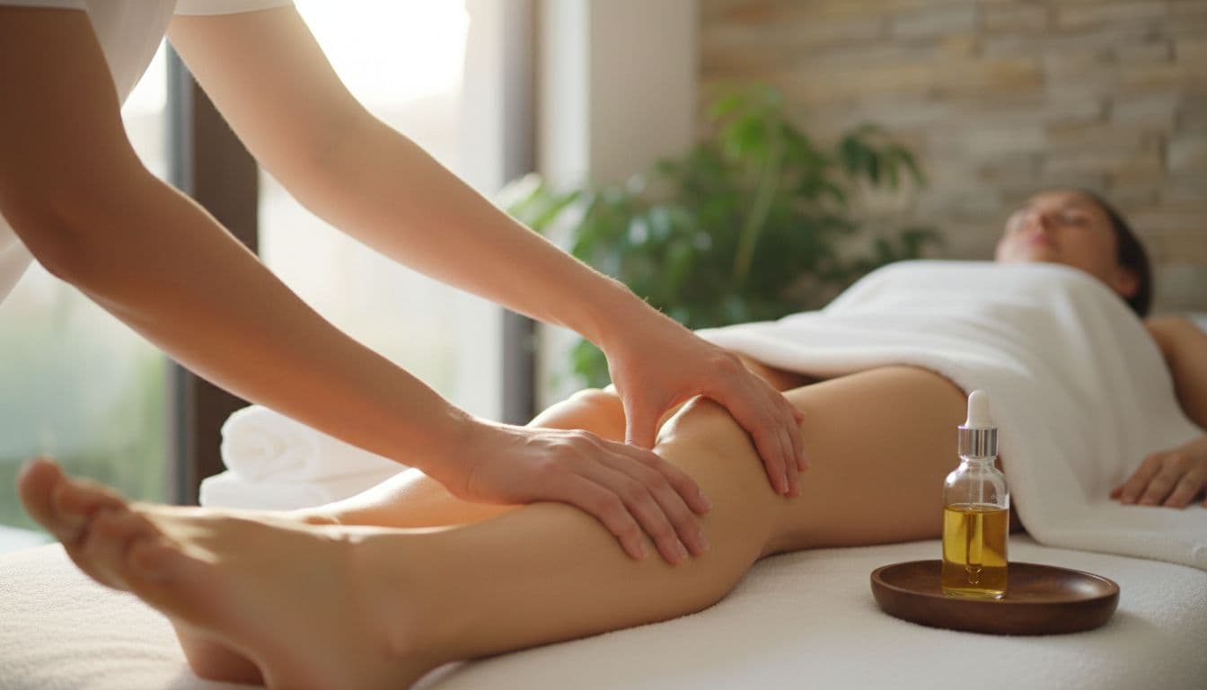 Aromatherapy Massage 5 A therapist massages tight leg muscles of a relaxed client on a massage table using diluted essential oils in a spa with natural light, focusing on hands gliding over calf and thigh to imply improved blood flow and muscle comfort.