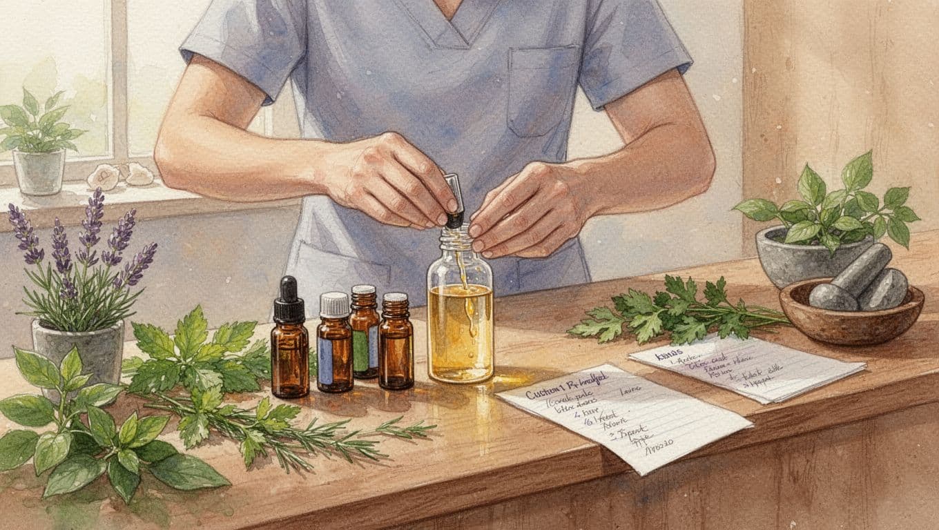 A massage therapist mixes a custom blend of essential oils at a wooden spa counter, surrounded by fresh herbs and client notes, in a watercolor style with warm natural light.