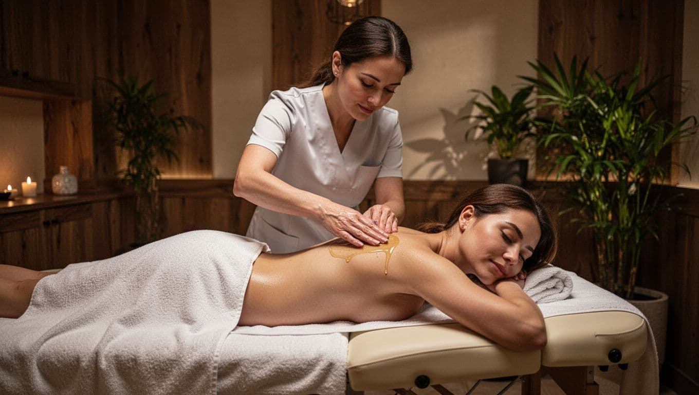Professional female therapist uses gentle long gliding strokes with warm oil on the lower back and shoulders of a relaxed prone female client in a serene cozy Nairobi spa.