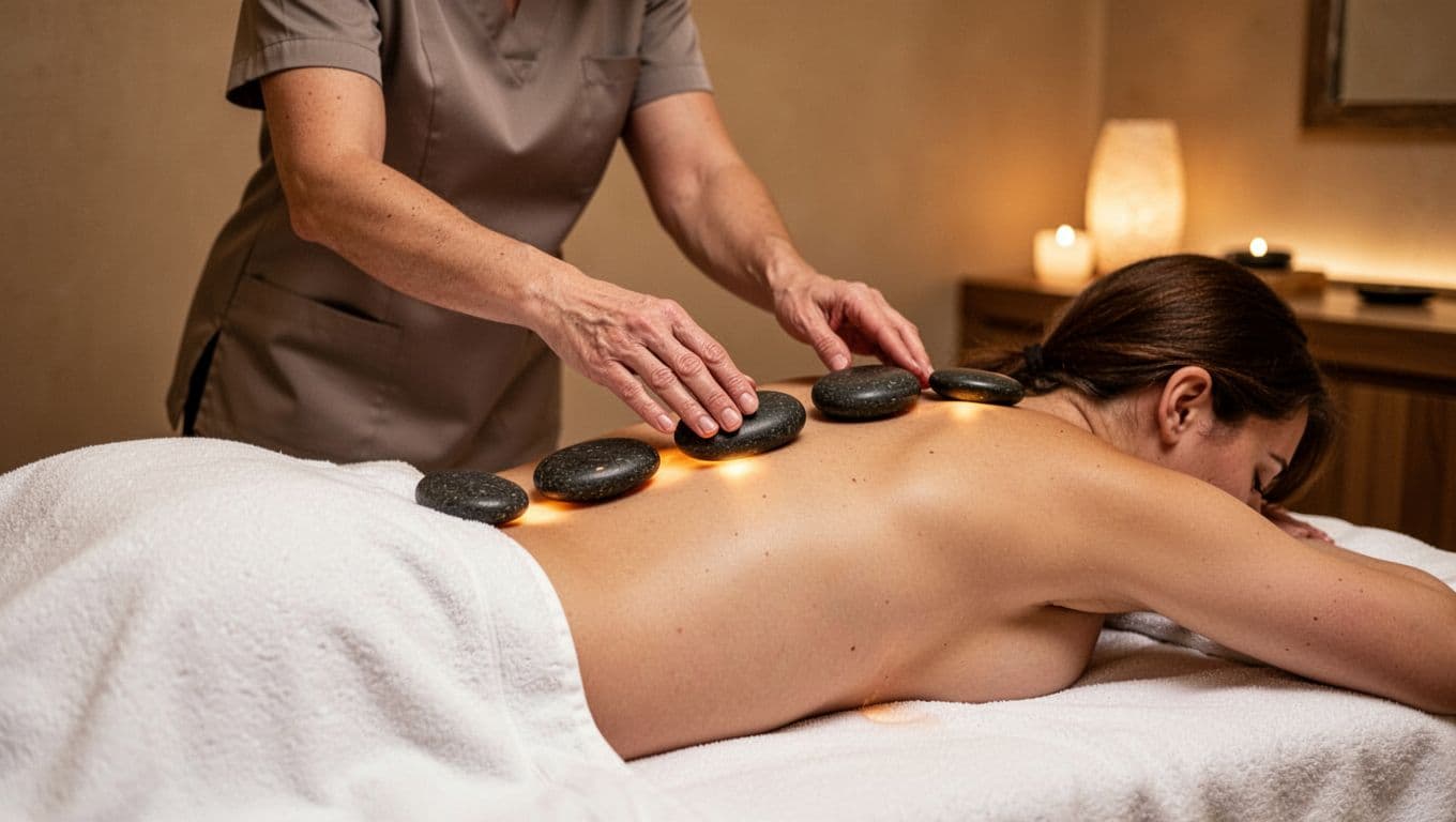 Professional massage therapist gently placing smooth black basalt hot stones along the spine and shoulders of a client lying face down on a massage table in a serene spa room with warm ambient lighting.
