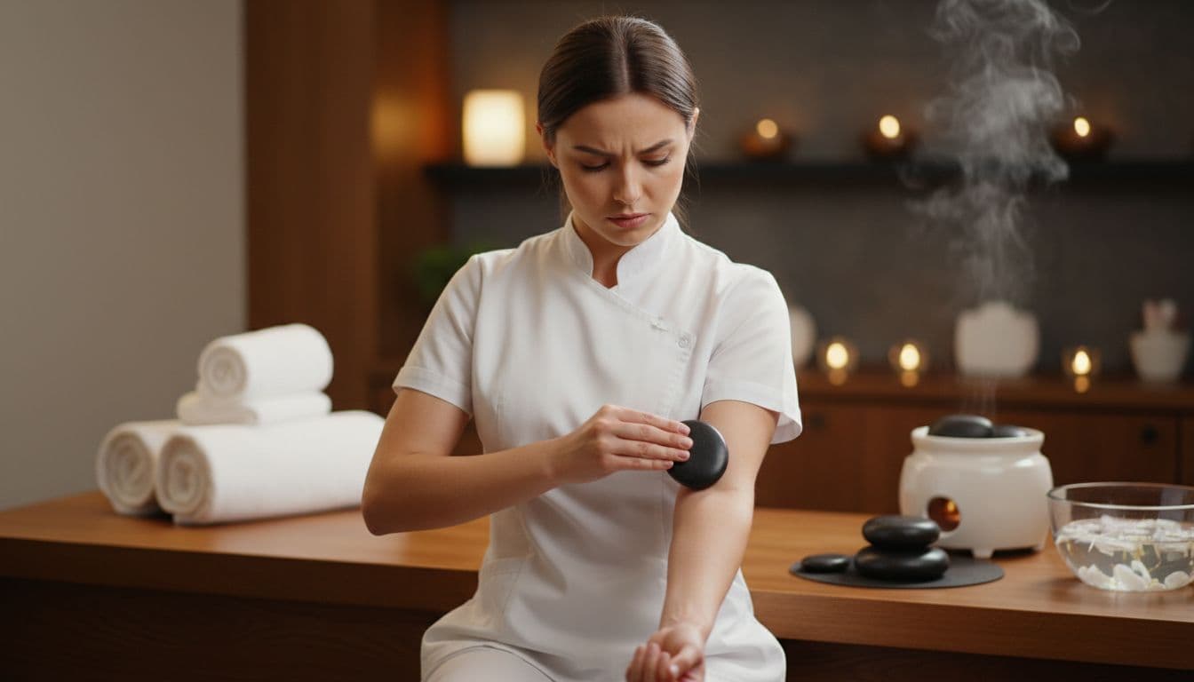 Professional female massage therapist in spa uniform carefully tests hot basalt stone temperature on her inner forearm for safety, with clean spa counter, towels, and heater in warm-lit background; exactly one person, no clients or text.