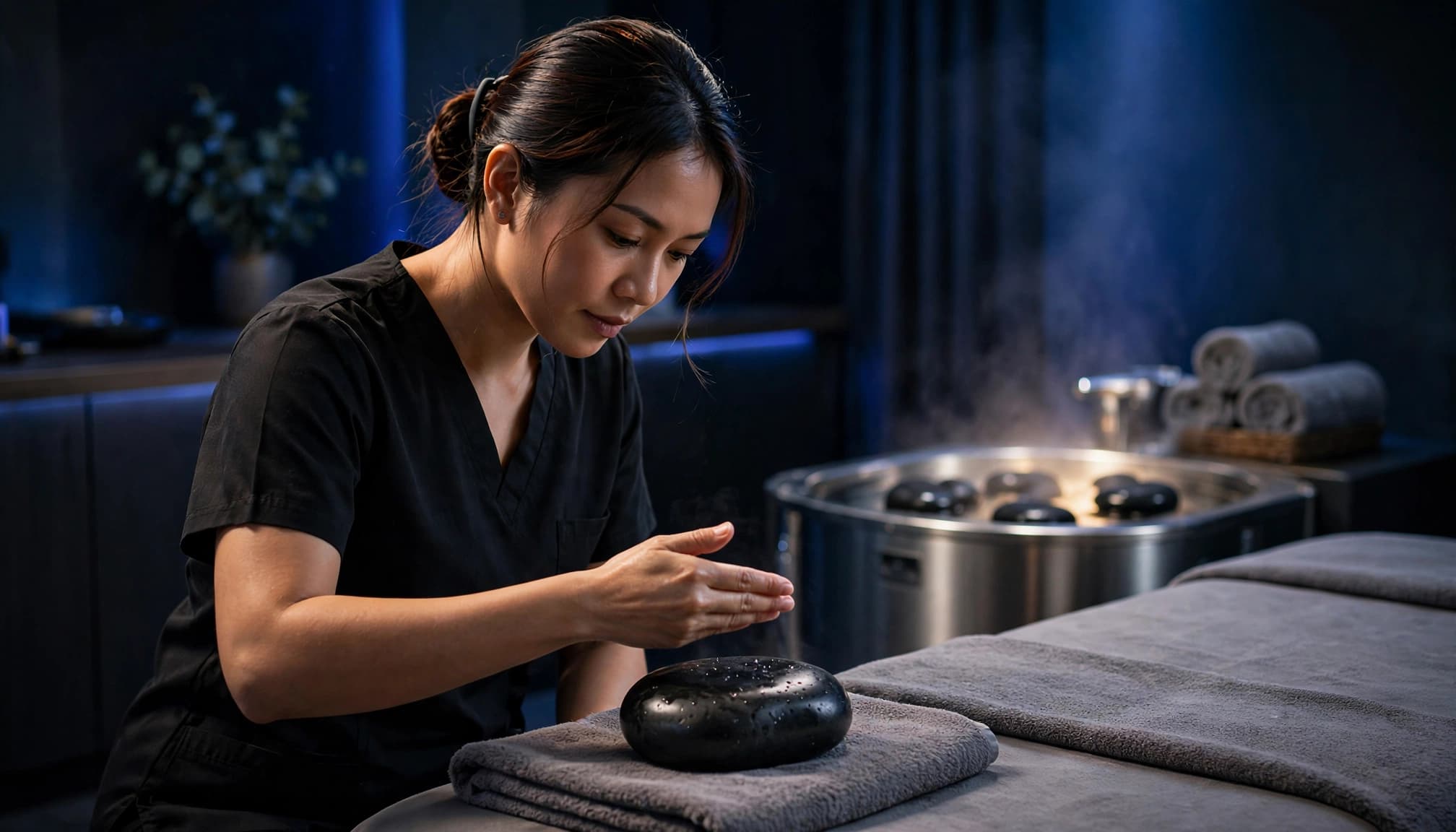 Hot Stone Massage 4 Therapist checking a heated basalt stone beside a massage table.