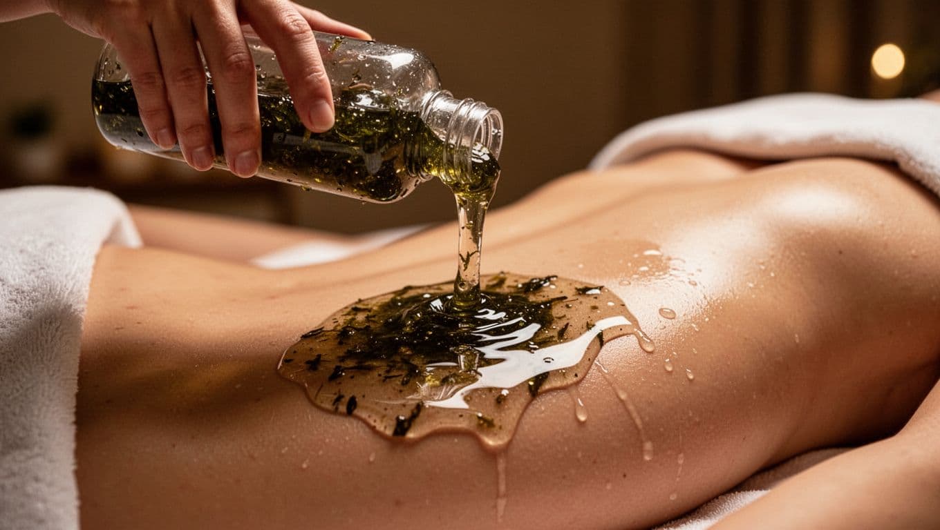 Thick clear seaweed-based nuru gel pours from a bottle onto smooth bare skin on a massage table, spreading slickly and glistening under soft spa lighting with a cinematic close-up focus on the gel's texture.