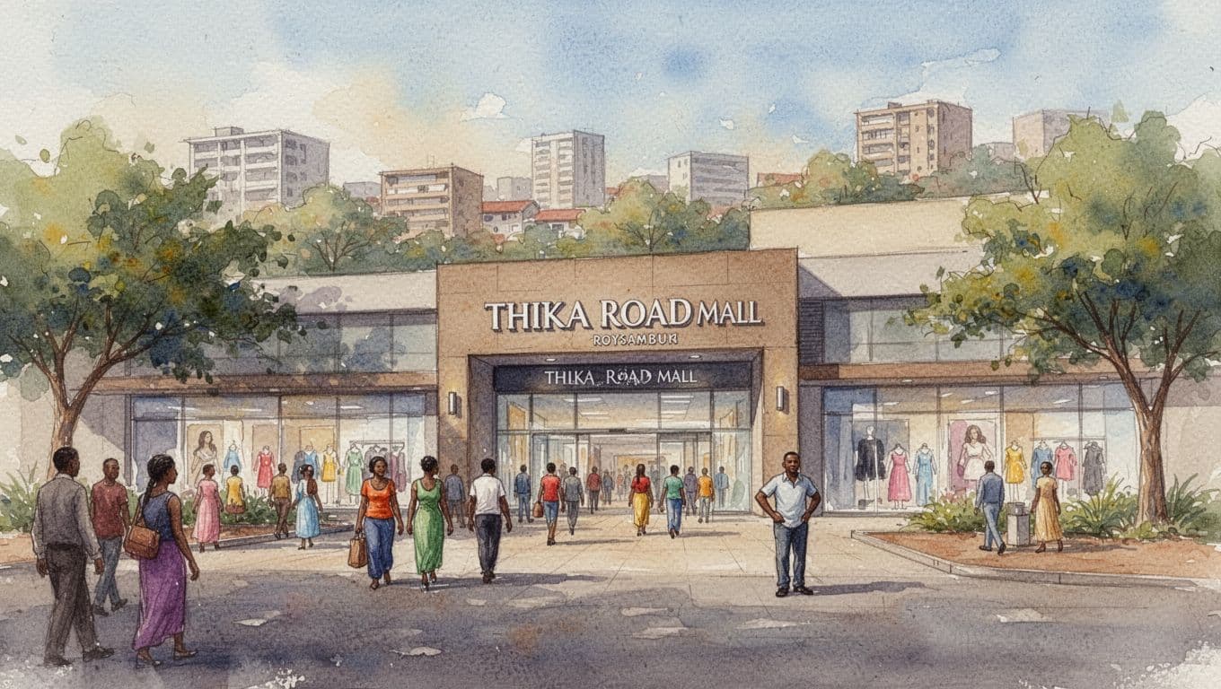 Watercolor style depiction of the busy daytime exterior of Thika Road Mall in Roysambu, Nairobi, with shoppers approaching the entrance, urban backdrop of green trees, soft natural light, and one relaxed person near the entrance.