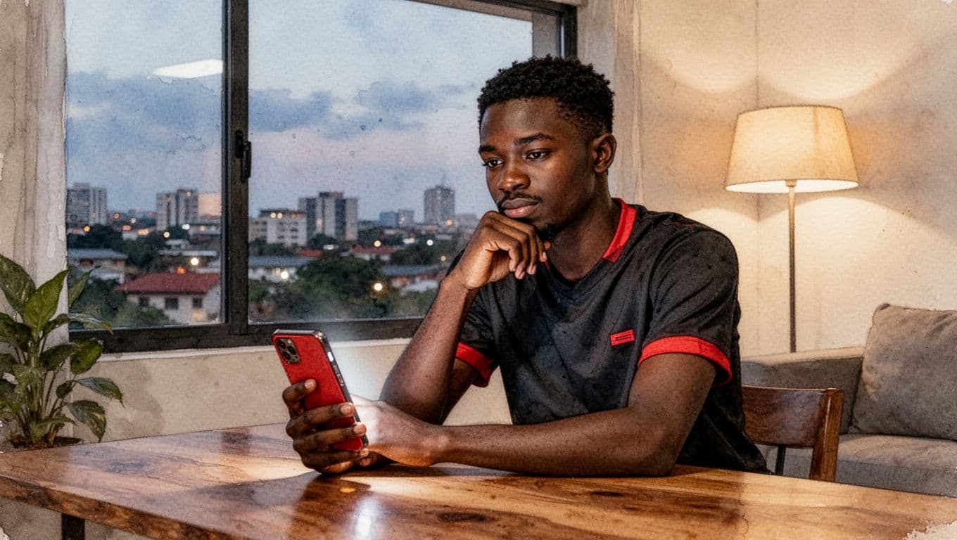 Kilimani Escorts, Nairobi Escorts, and Xxnairobi Escorts Guide 7 Xxnairobi Escorts-Nairobi Escorts Near You For Fun Young African man sits at wooden table in modern Kilimani apartment, hand on chin reviewing smartphone, watercolor style with warm dusk light.