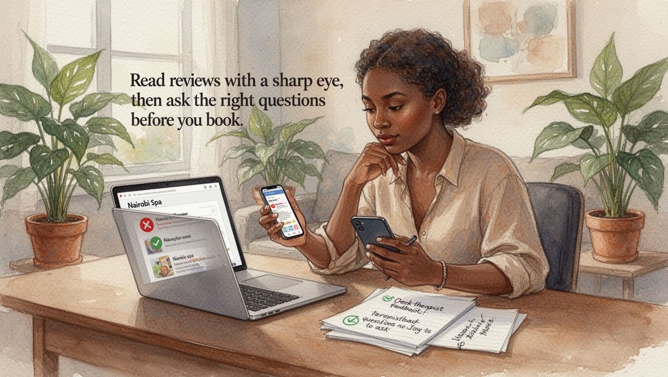 A thoughtful person at a home desk intently reads Nairobi spa reviews on a laptop and phone, with notes nearby and plants in a relaxed setting. Focused expression while checking therapist feedback and preparing questions to ask, rendered in watercolor style with warm earthy tones.