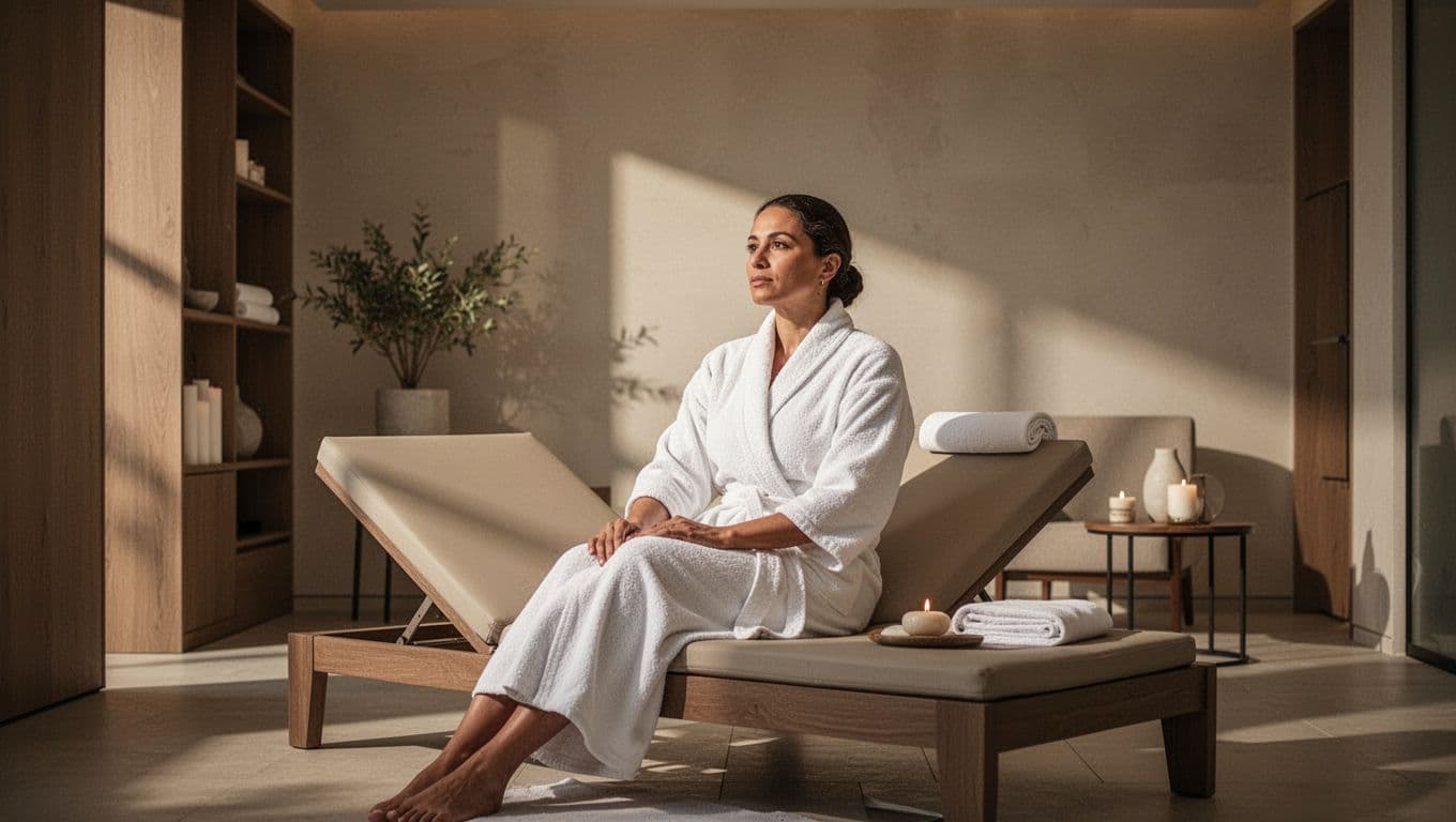 A person sits gracefully on a plush beige chair within a minimalist spa. Soft amber lighting illuminates the textured walls, while gentle shadows create a quiet, meditative space for contemplation.